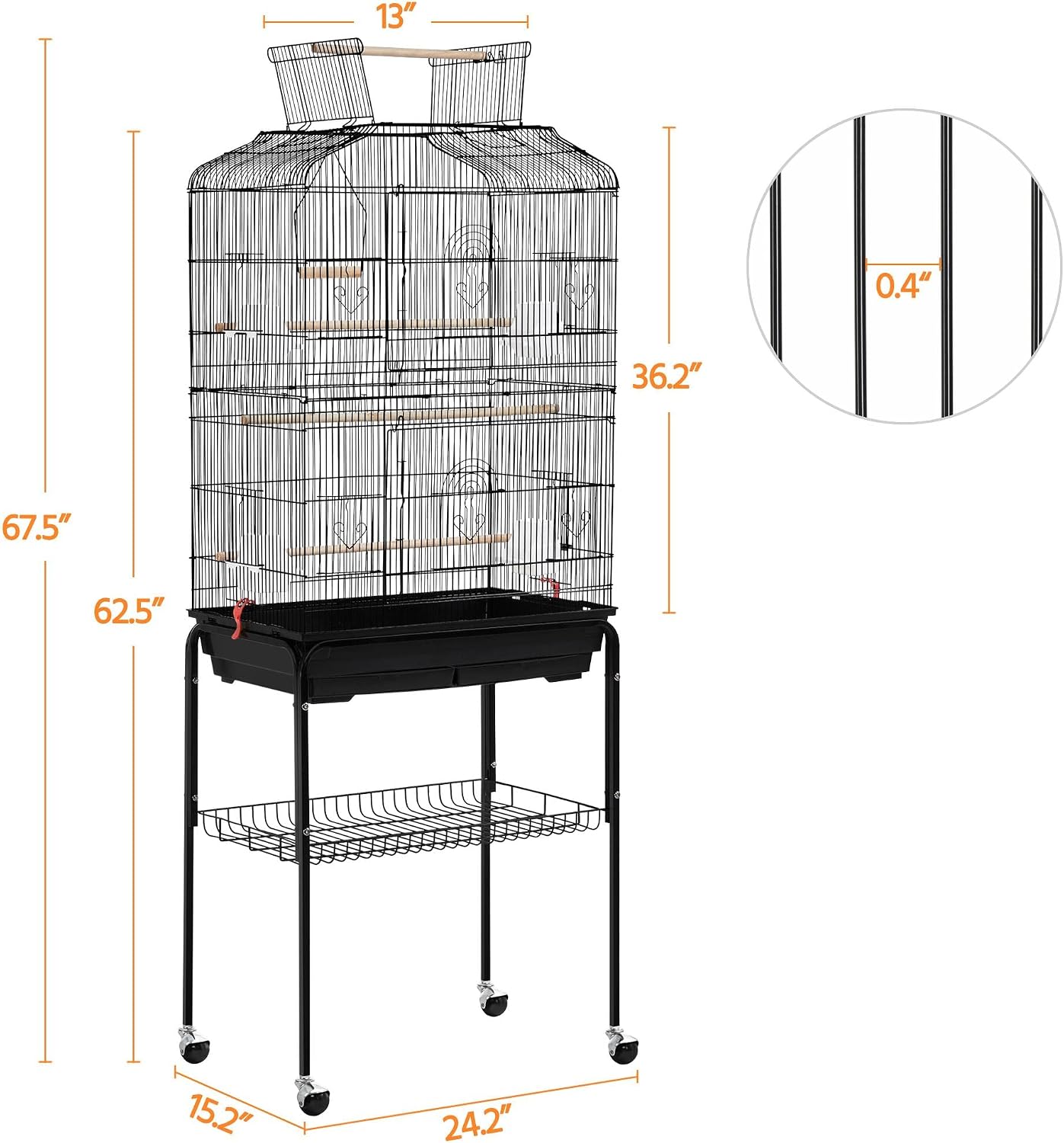 Yaheetech 64'' Open Top Bird Cage for Parakeets & Cockatiels, Black | Detachable Rolling Stand, Easy-clean Slide Tray, Multi-door Access, 3/8" Bar Spacing, Indoor/Outdoor Use
