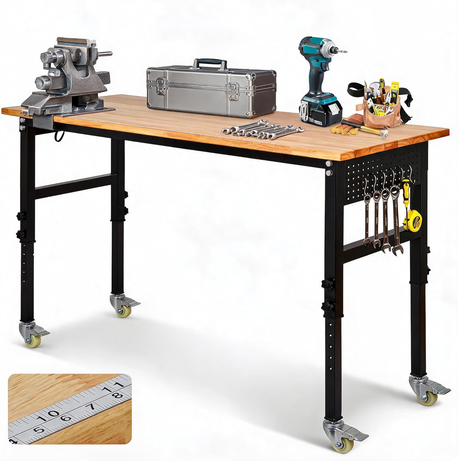48" Adjustable Workbench, 8-Level Height Adjustable Rolling Work Table with Casters & Scale, Sit & Stand 2-in-1 Garage Tool Table with Pegboard & Hooks, for Workshop, Warehouse, DIY Projects