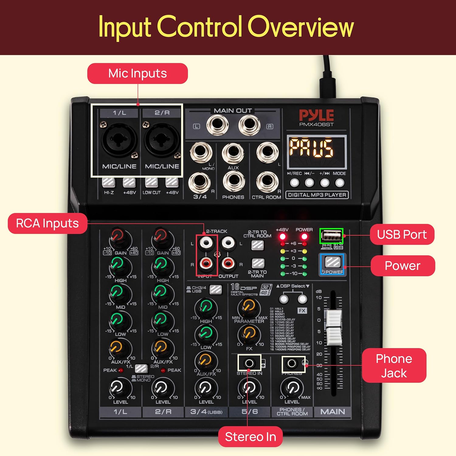 Pyle Professional Wireless DJ Audio Mixer - 4 Channel Bluetooth Controller Sound Mixer, USB Audio Interface