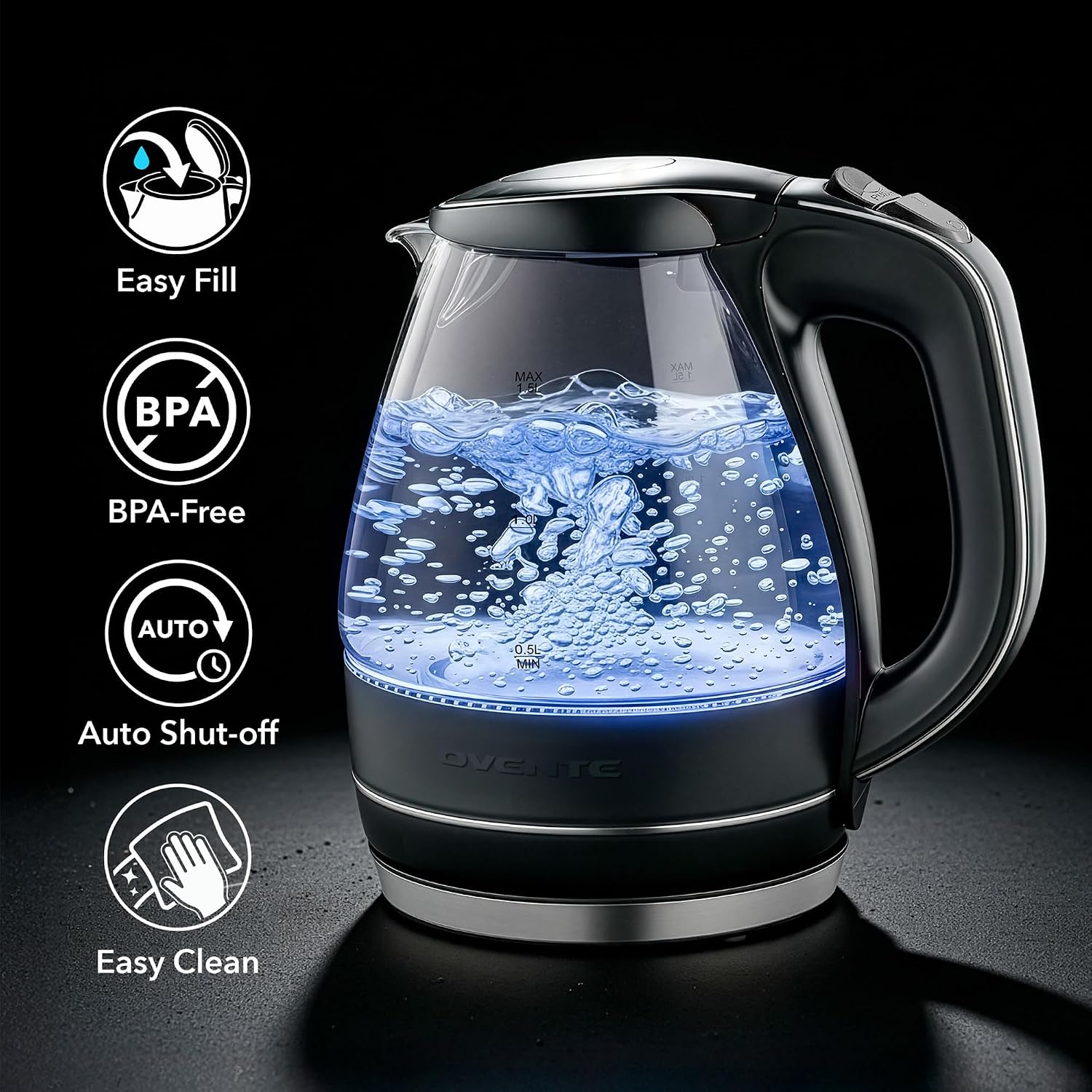 OVENTE 1.5L Glass Electric Kettle Water Boiler, Black KG83B | 1100W Fast Boiling, Borosilicate Glass, BPA-Free, Blue LED, Auto Shut-Off, Boil-Dry Protection, Removable Filter, 360° Base
