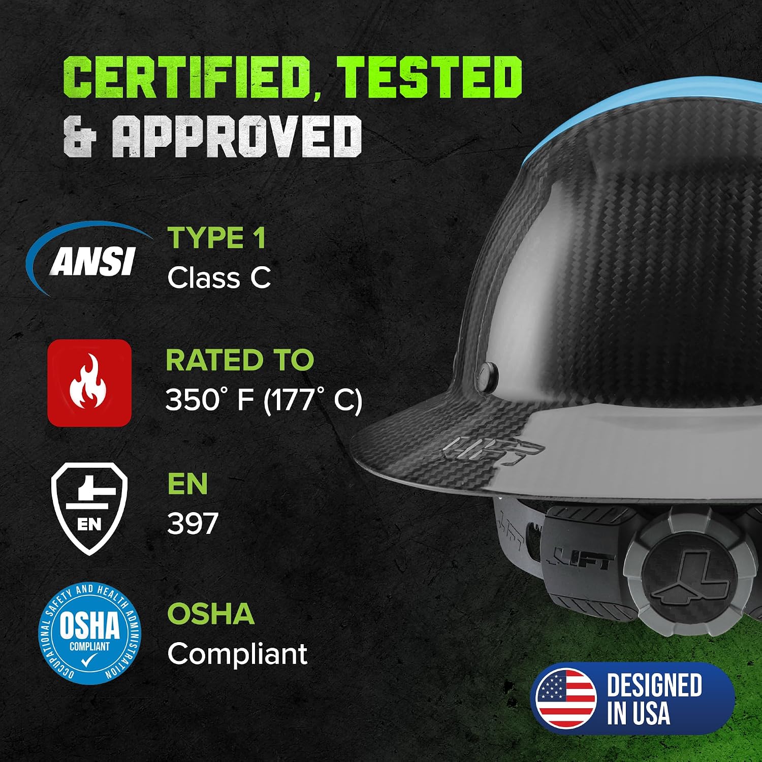 LIFT SAFETY Dax Carbon Fiber Full Brim Hard Hat | Safety/Construction Helmet w/ 6 Point Suspension for Comfort & Impact Protection