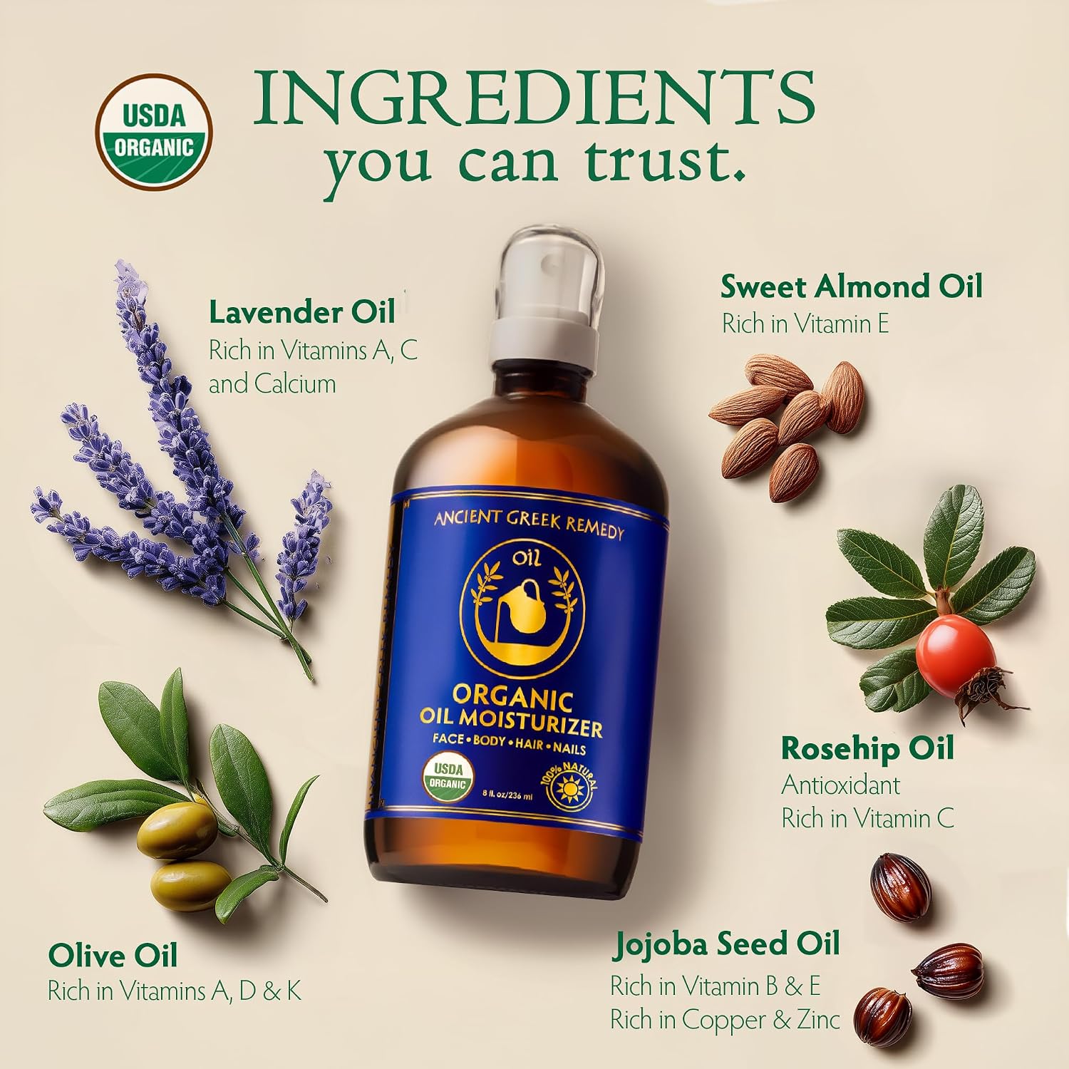 Organic Body & Face Oil for Dry Skin, Hydrating After Shower Moisturizer | Lightweight Nourishing Facial & Body Oil, Natural Cold-Pressed Almond, Olive, Jojoba, Rosehip & Lavender Oils, Vitamin E