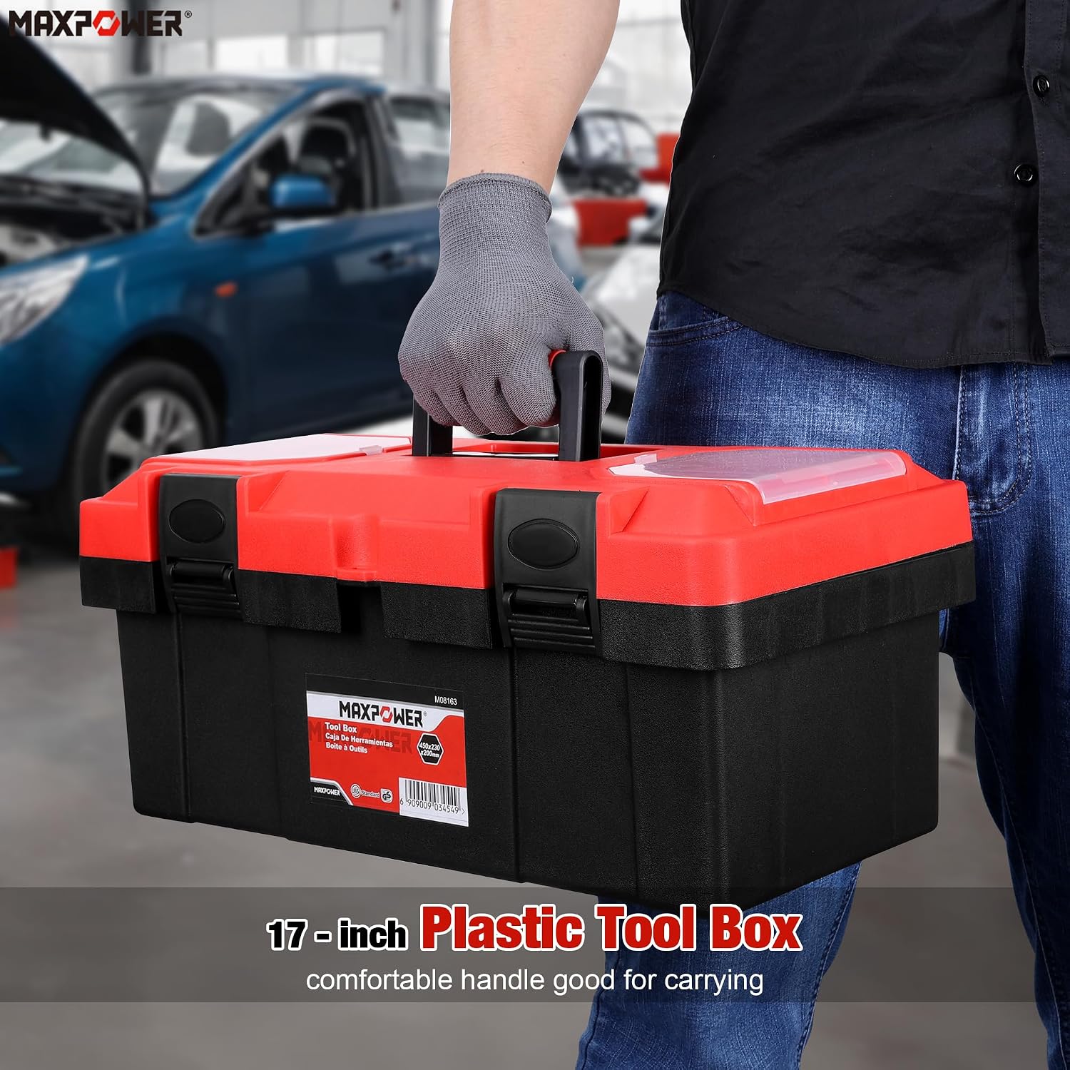 MAXPOWER Small Tool Box, 14-inch Plastic Tool Boxes with Handle | Removable Tray with Dual Lock Secured, Red Toolbox for Home