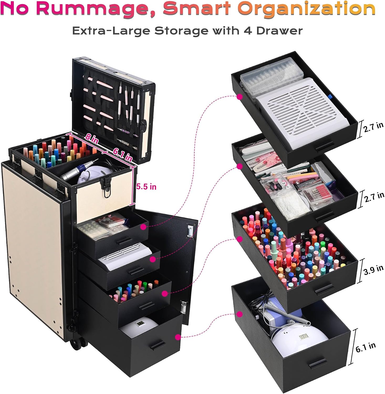 BYOOTIQUE Portable Nail Desk with 4 Storage Drawer Rolling Manicure Table