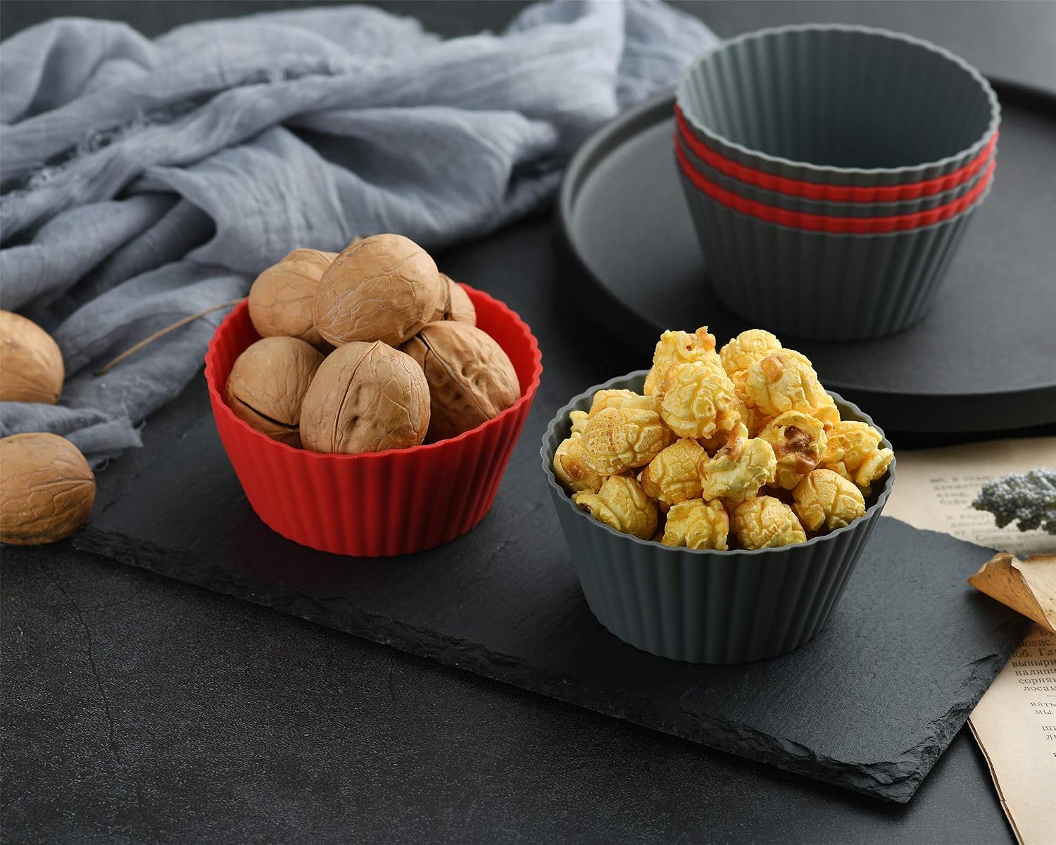 12 Pack Reusable Nonstick Jumbo Silicone Baking Cups, Cupcake and Muffin Liners, 3.8 Inch Large Size, Red and Gray Colors, Round