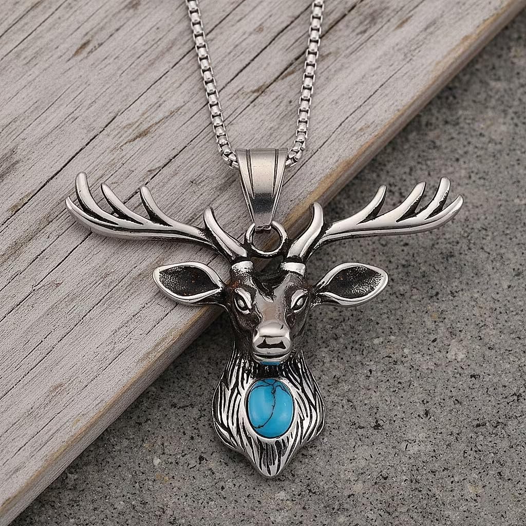 Blue Howlite 0.50 ctw Majestic Stag Necklace in Steel 20-22 Inches