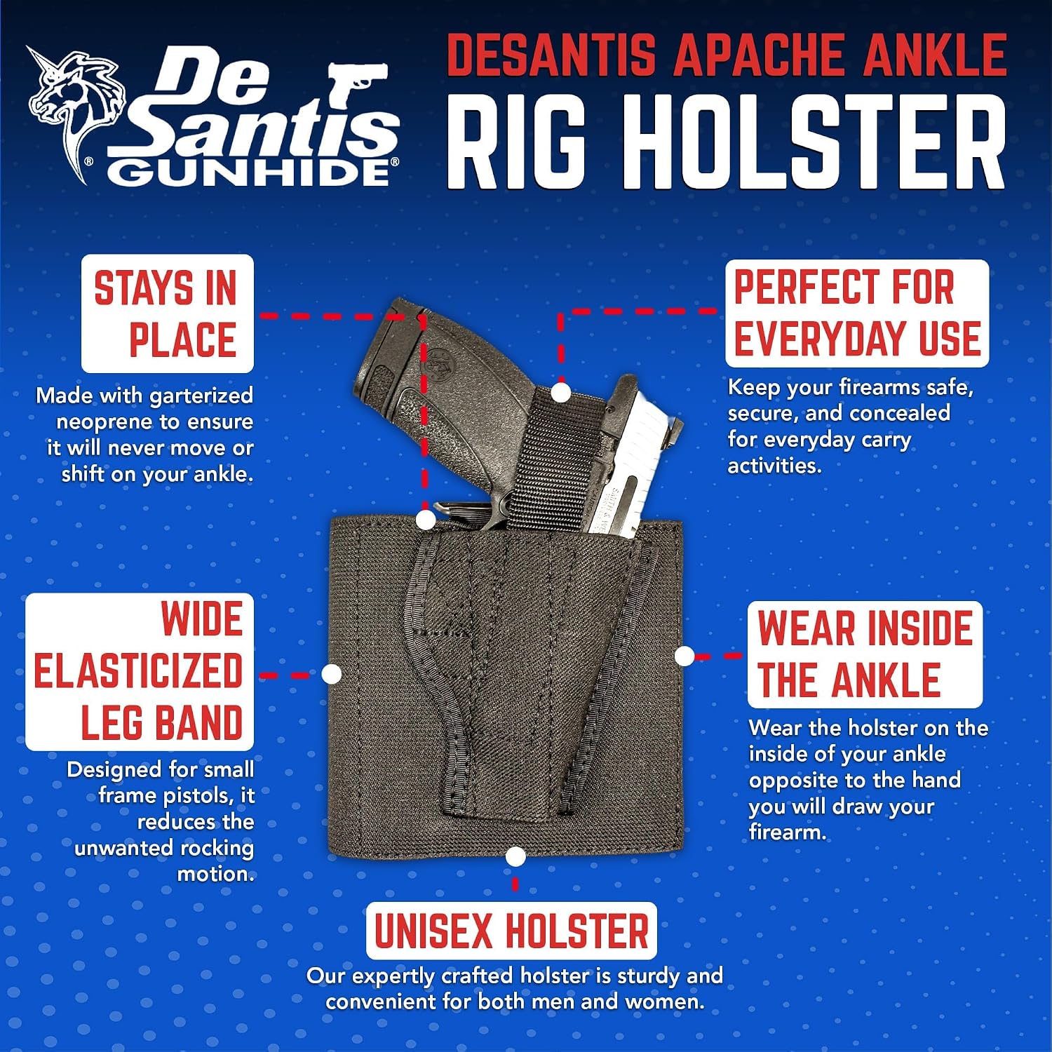 Desantis Apache Concealed Ankle Rig Holster - Right Hand, Black | Fits Diamondback DB380, Beretta Pico, Kahr P380, S&W Bodyguard/2.0 .380