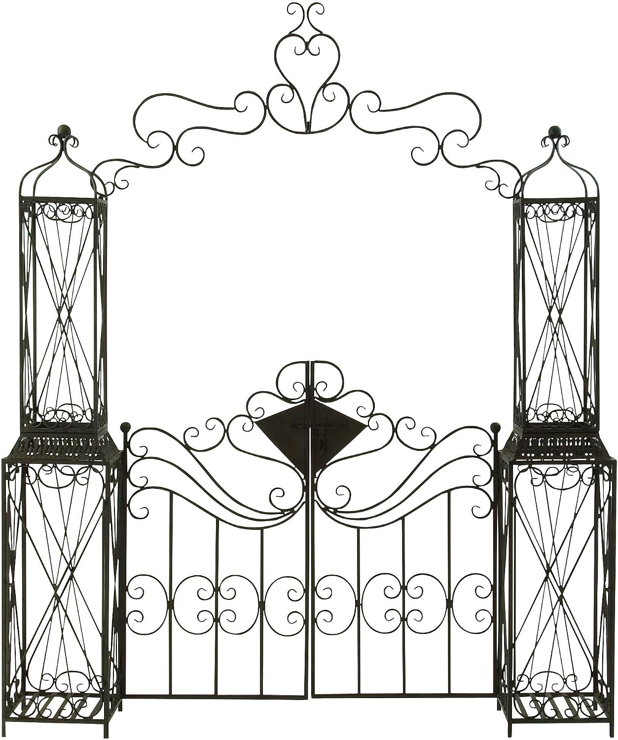 Deco 79 Metal Indoor Outdoor Garden Arbor, 78" x 14" x 94", Matte Bronze | Elevate patios and gardens, metal garden arch trellis, metal trellis for climbing plants outdoor, double doors, scroll latch
