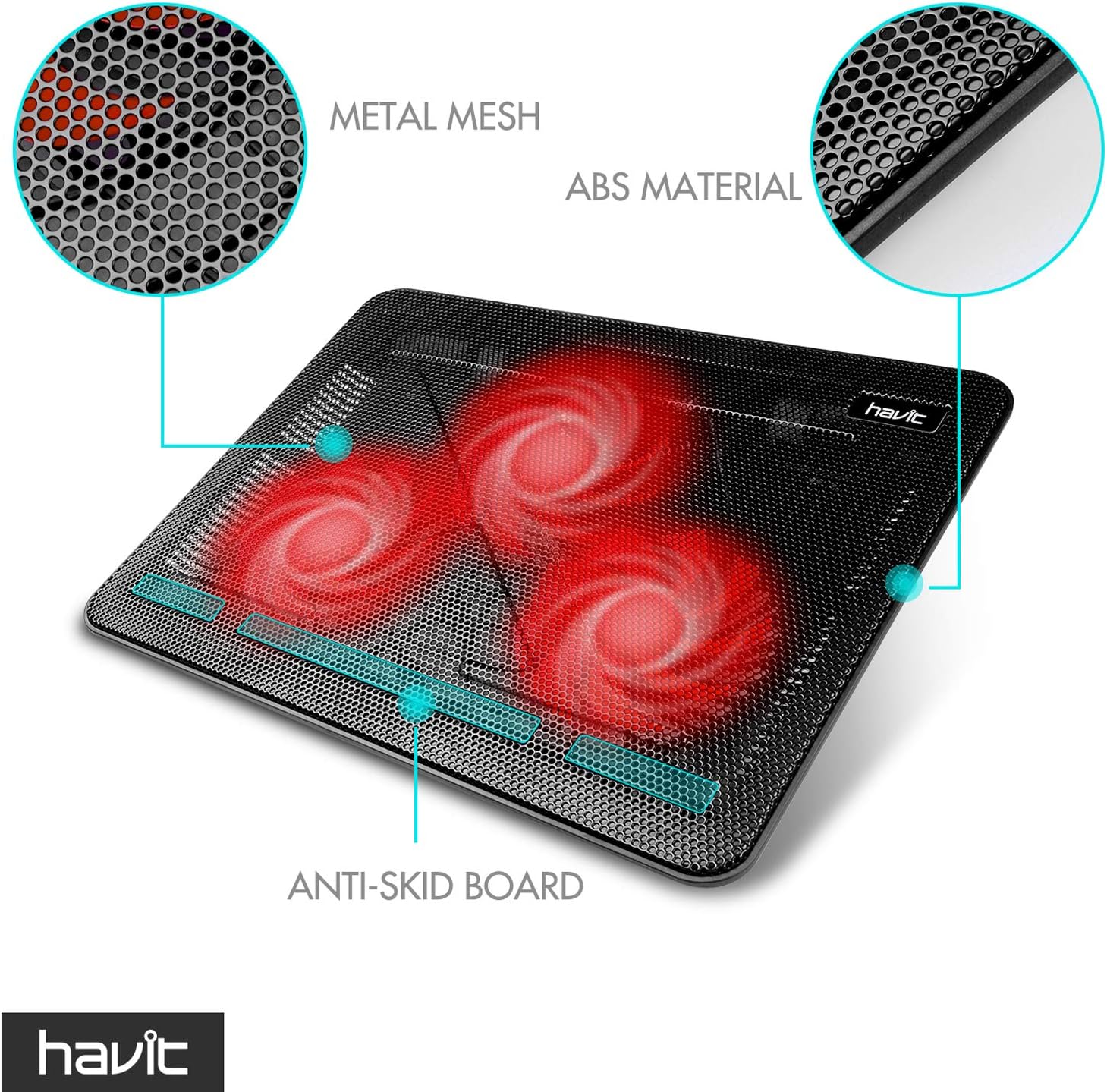 havit HV-F2056 15.6"-17" Laptop Cooler Cooling Pad - Slim Portable USB Powered (3 Fans), Black/Blue | Three quiet USB-powered fans circulate air below the laptop, two height settings improve viewing and typing comfort
