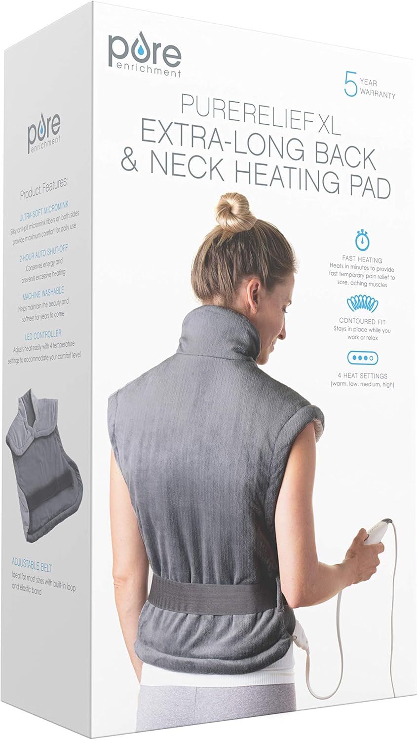 Pure Enrichment PureRelief XL Extra-Long Back & Neck Heating Pad, Safe Heat Therapy for Sore Muscles, Pain, & Cramps in Neck, Back, & Shoulders, 4 Heat Settings w/Auto Shut-Off, Soft Fabric (Gray)