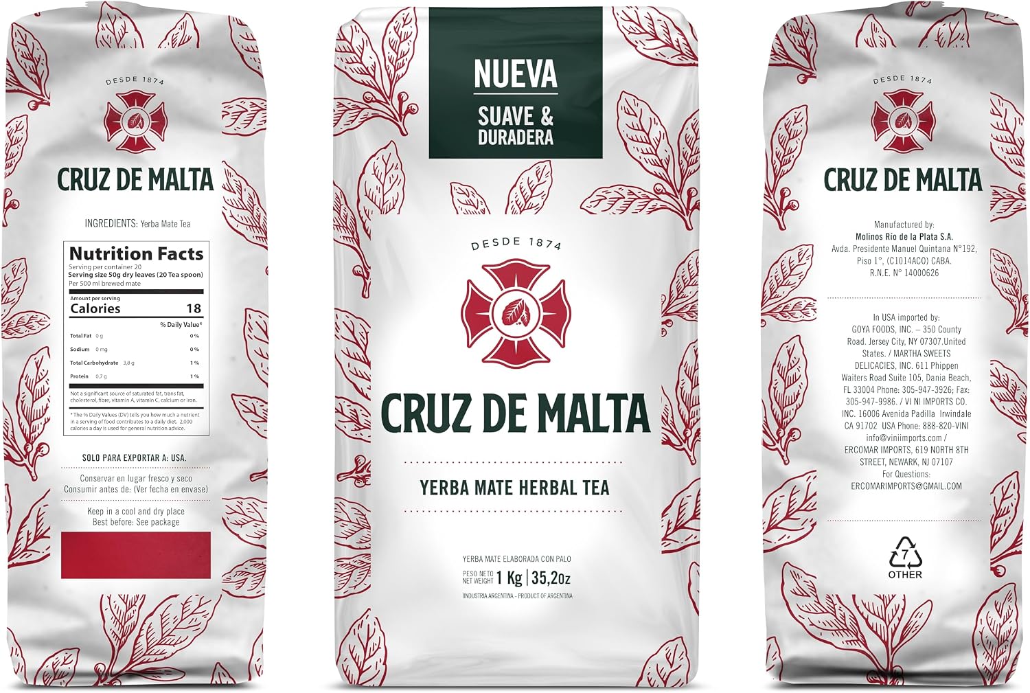 Cruz de Malta Yerba Mate Loose Leaf Tea 2.2 Lb - 1Kg - Pack of 2 | Large leaf, low dust for a smoother traditional mate. U.S. retail packaging
