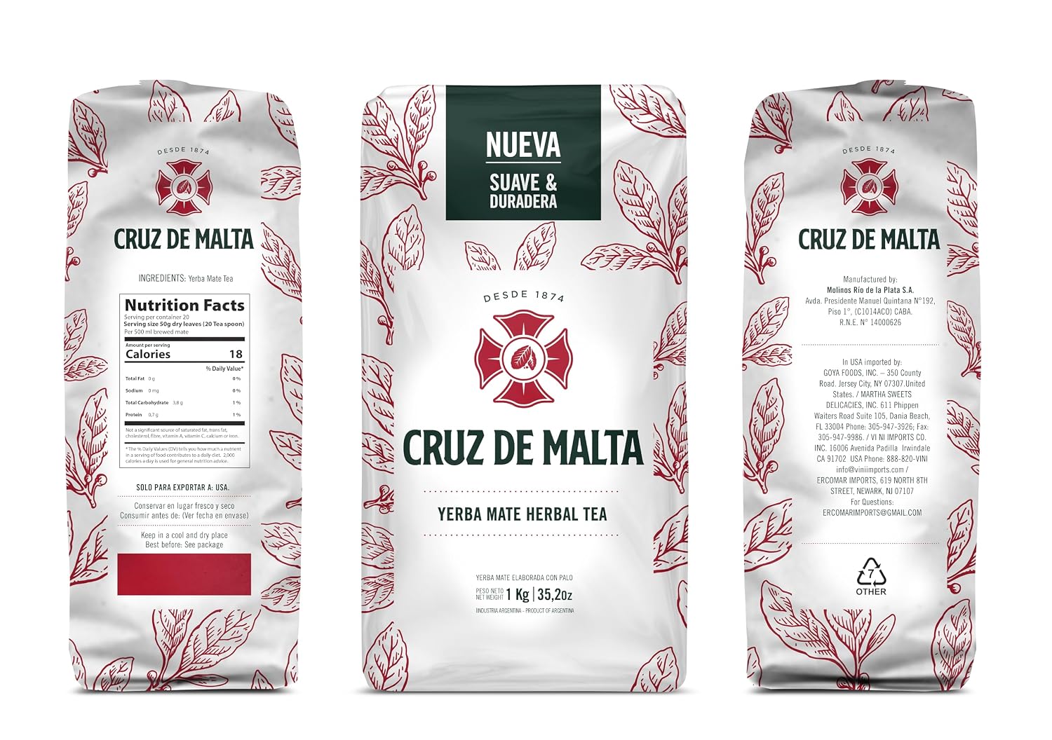 Yerba Mate Cruz de Malta, Suave y Duradera 2.2 Lbs each bag, 3-pack | Large leaf, low dust for a smoother traditional mate. U.S. retail packaging