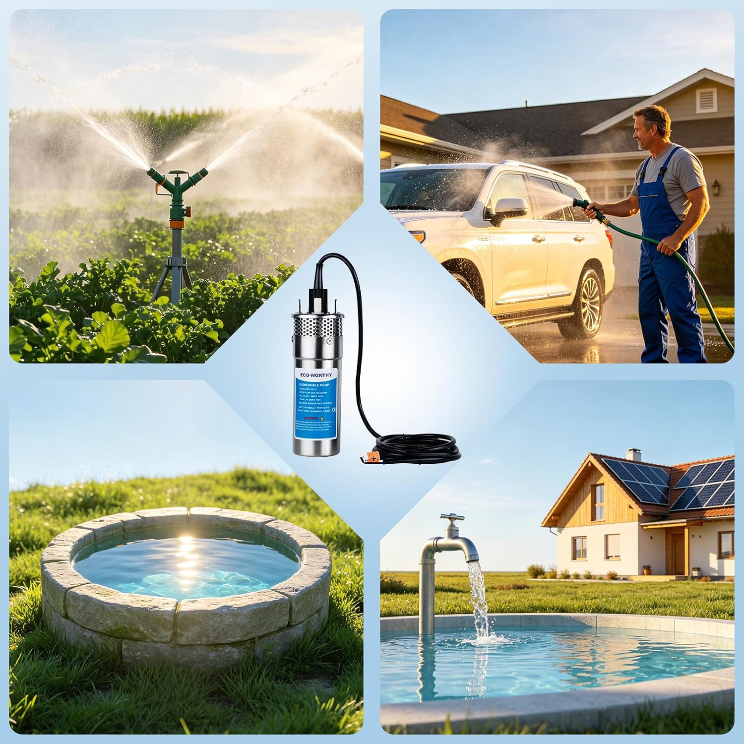 ECO-WORTHY 24V Submersible Deep Well Water Pump with 10ft Cable 1.6GPM 4'' 5A, Max Lift 230ft/70m, DC Pump/Alternative Energy Solar Battery Farm & Ranch Submersible Deep Well Pump