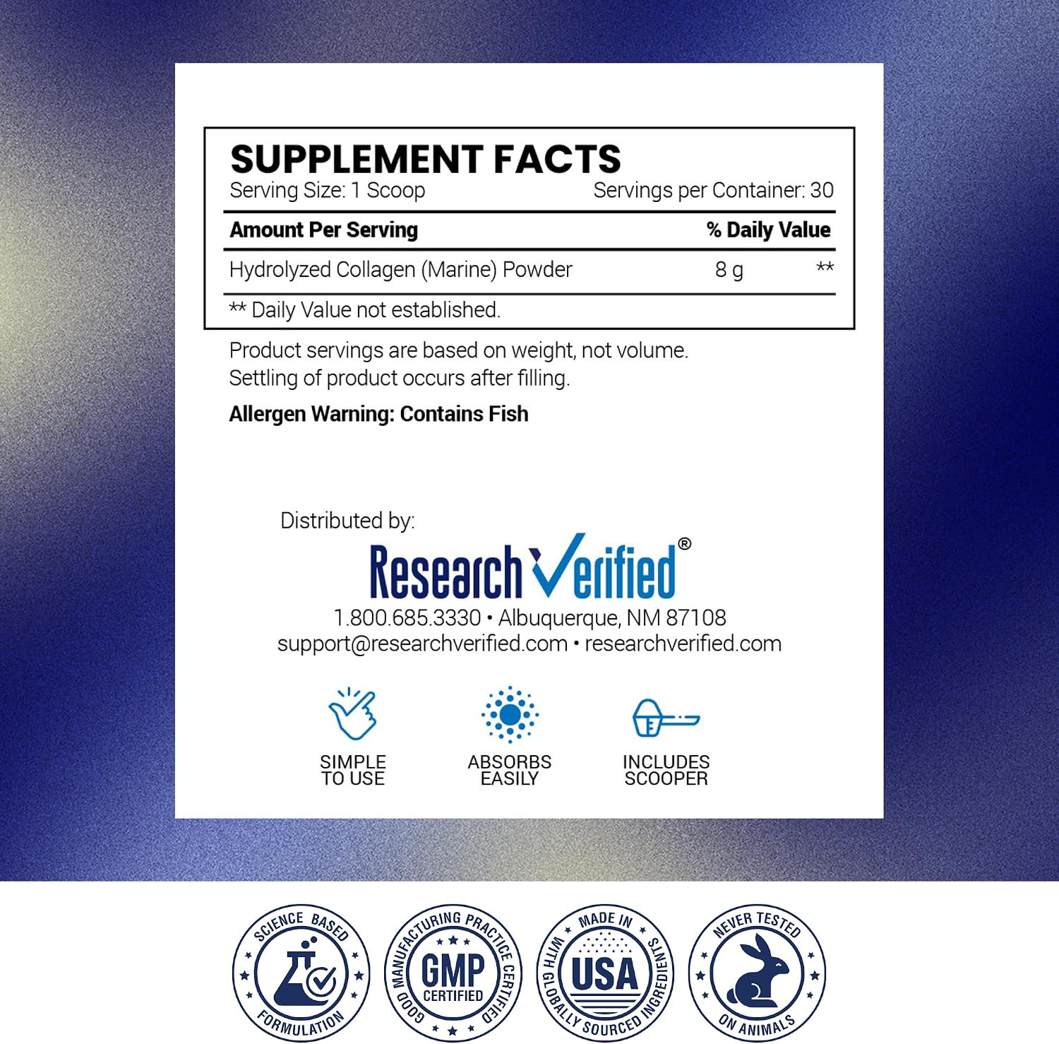 Research Verified® Collagen Powder - Hydrolyzed Marine Collagen Peptides - Unflavored - Skin Hydration and Elasticity, Muscle Recovery