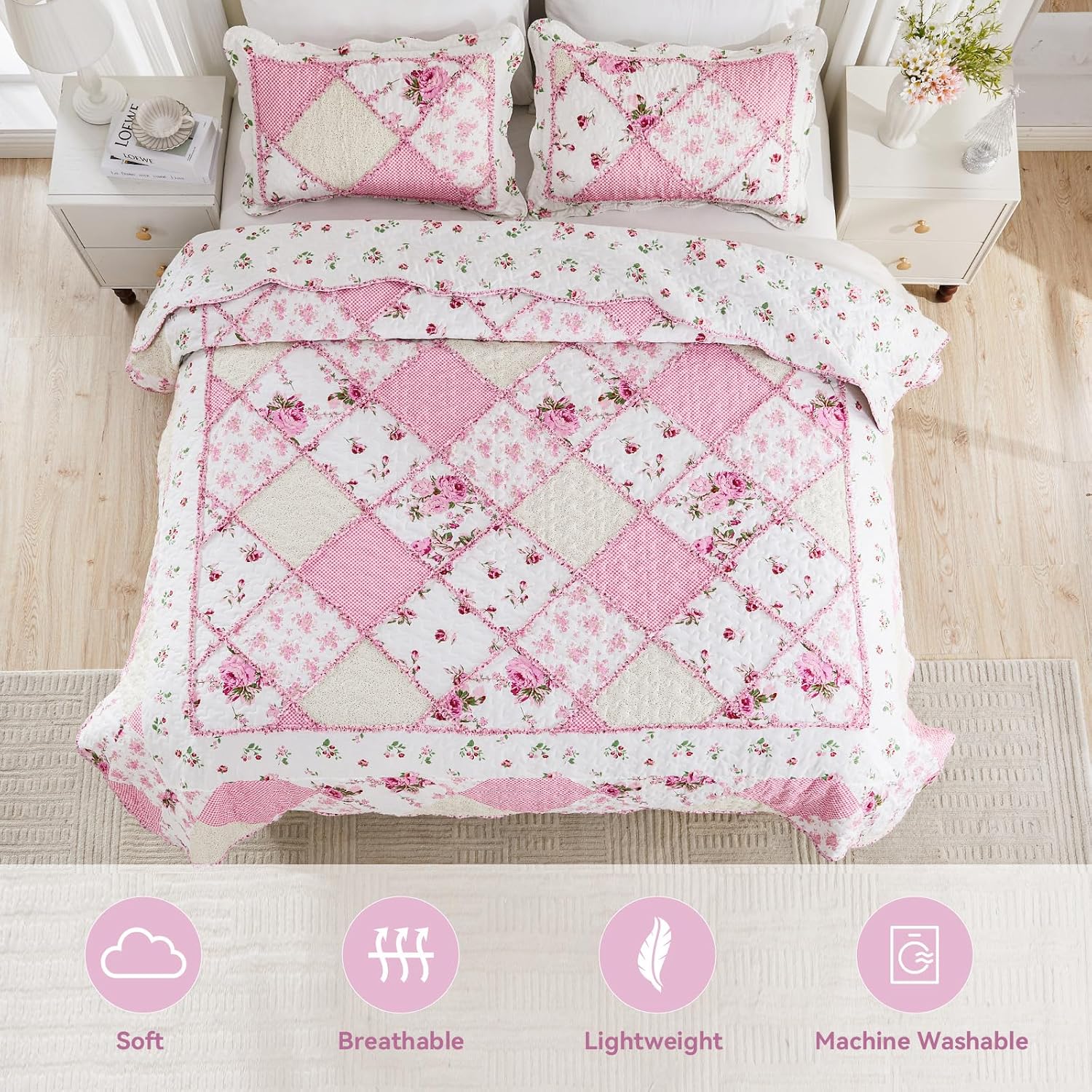 VIVILINEN Blue Floral Patchwork Quilt Set, Full Queen Size, 3 Piece Bedding Set with 2 Pillowcases
