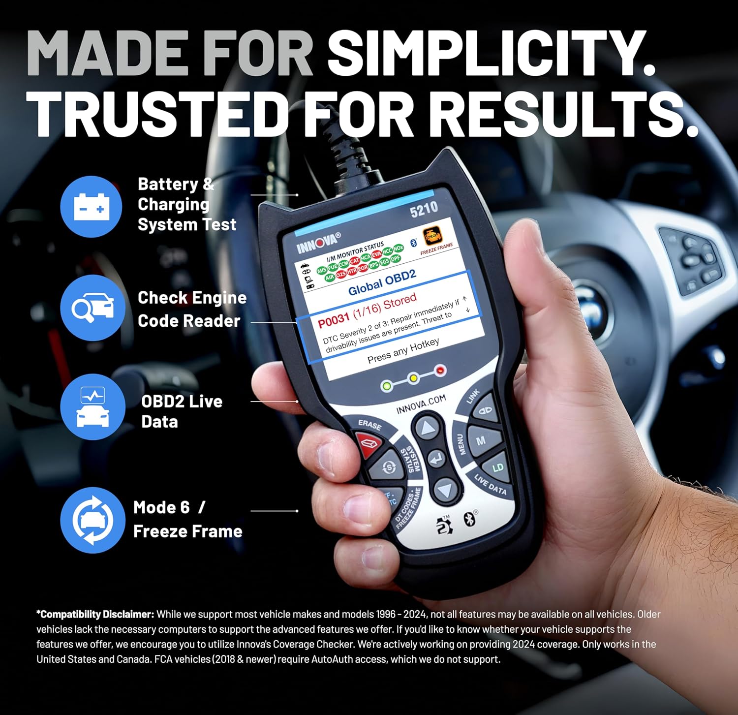 Innova 5210 OBD2 Scanner & Engine Code Reader, Battery Tester, Live Data, Oil Reset, Car Diagnostic Tool for Most Vehicles