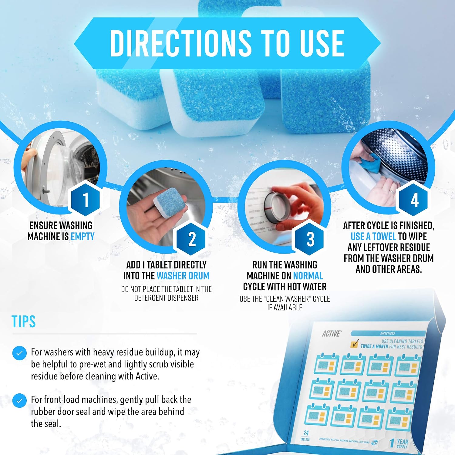 Washing Machine Cleaner Descaler 24 Pack - Deep Cleaning Tablets For HE Front Loader & Top Load Washer, Septic Safe Eco-Friendly Deodorizer