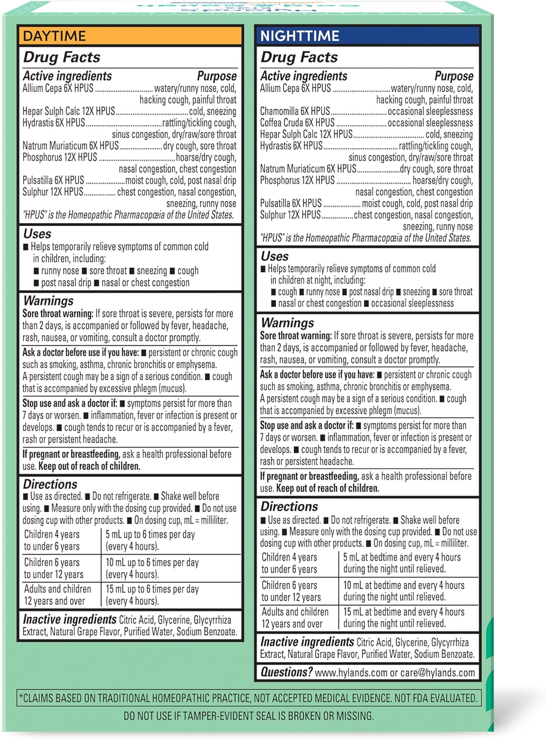 Hyland's Kids Cold and Cough, Day and Night Combo Pack, Cold Medicine for Ages 2 and up, Syrup Cough Medicine for Kids, Nasal Decongestant, 4 Fl Oz (Pack of 2)
