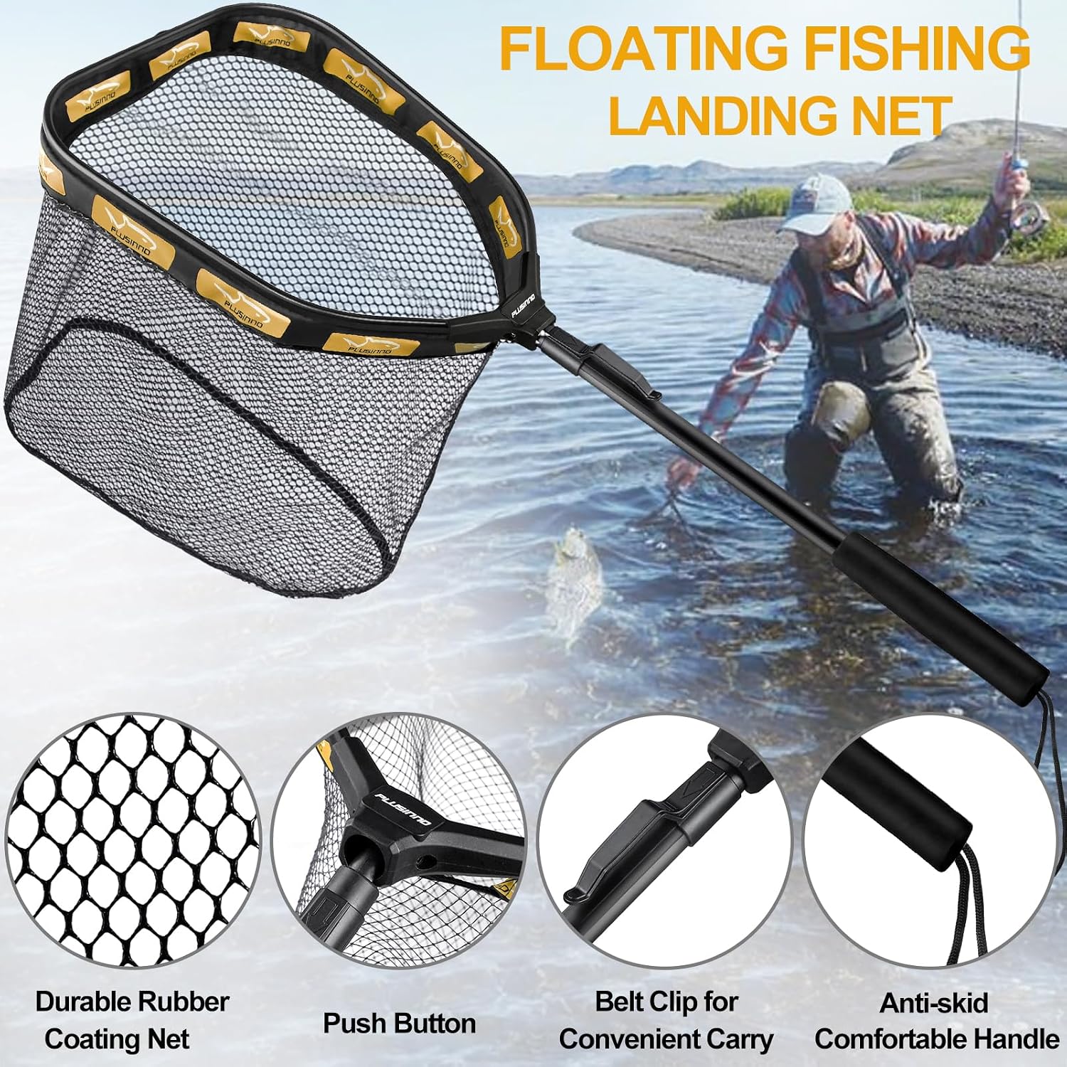 PLUSINNO Floating Fishing Net for Steelhead, Salmon, Fly, Kayak, Catfish, Bass, Trout Fishing