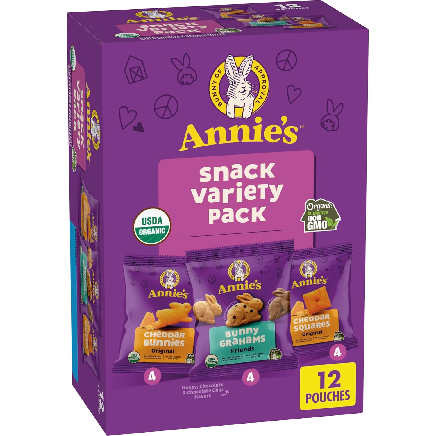 Annie's Organic Snack Cracker Variety Pack, 12ct, 11 oz | Cheddar Bunnies, Bunny Grahams & Cheddar Squares (4 of Each)