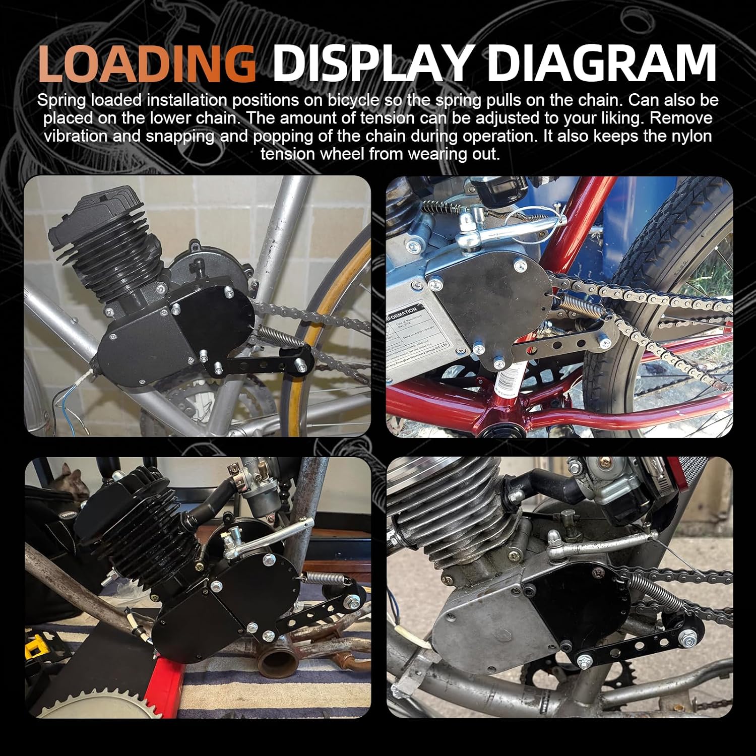 Spring Loaded Chain Tensioner, 2 Stroke Motorized Bicycle Chain Guide | Adjustable guide wheel in black. Fits 49cc, 66cc