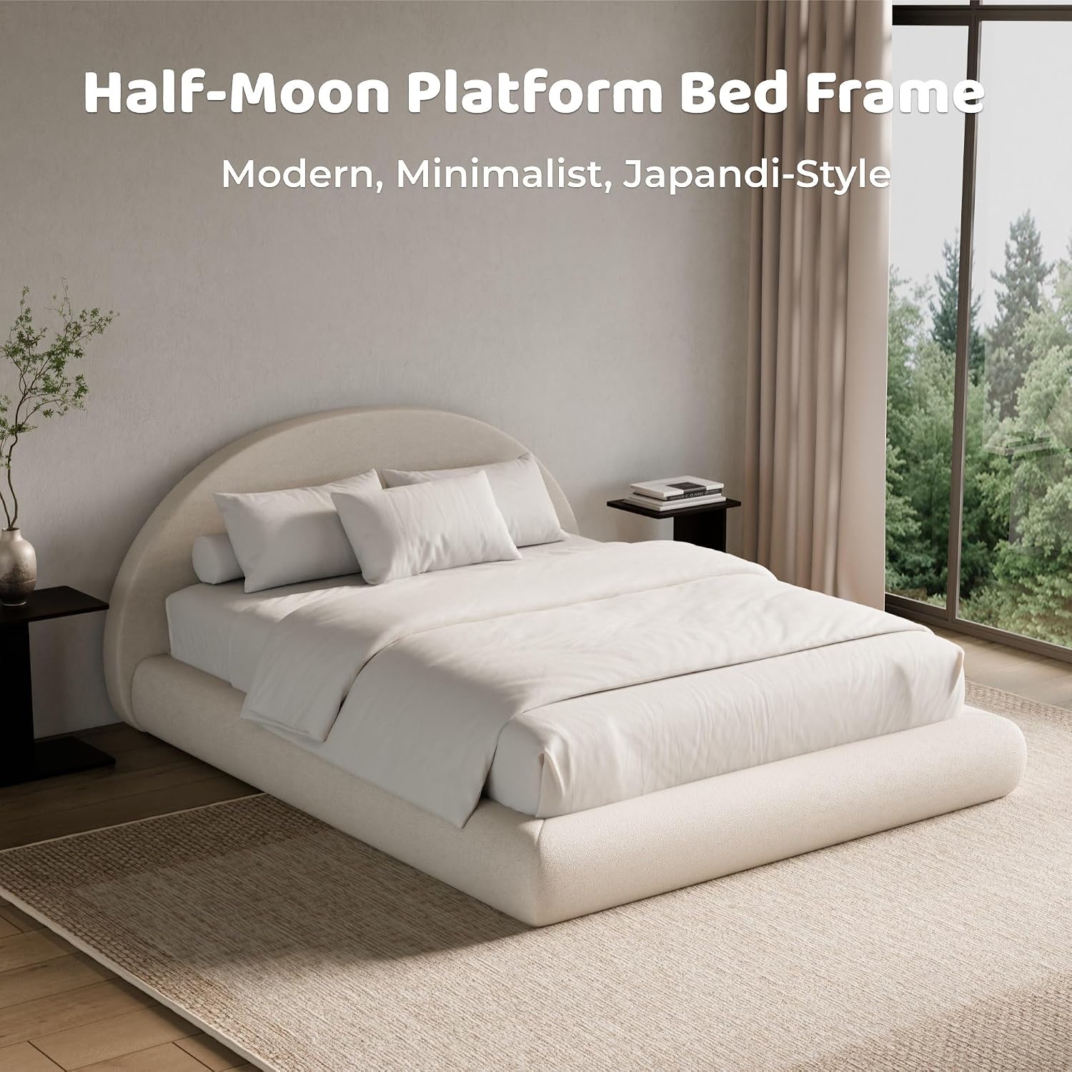 RECCI AirFrame Half-Moon Upholstered Queen Platform Bed Frame | Velvet Curved Arched Base, 6-Inch Thickness Headboard, 5 Inch Fully Round Cushioned Foam, No Box Spring Needed, Easy Assembly