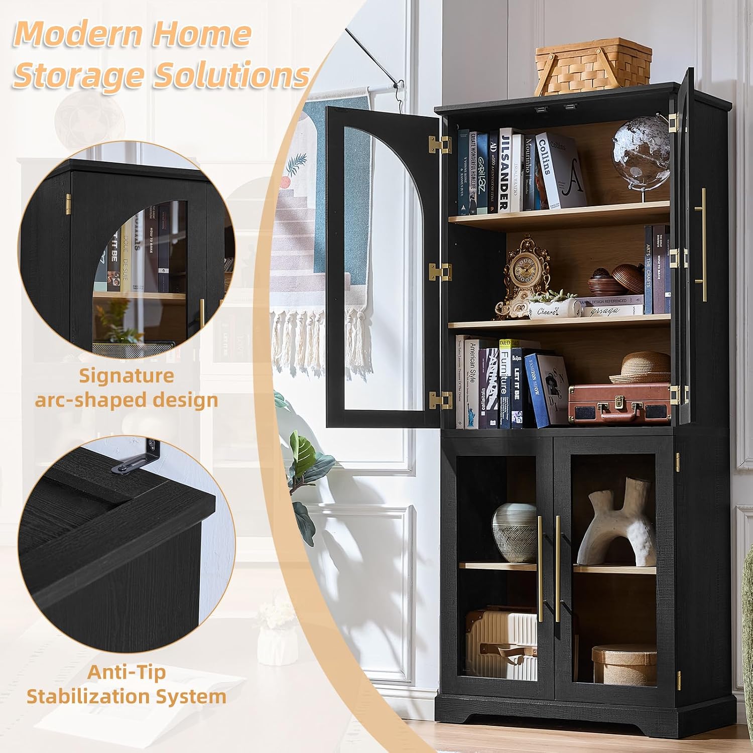 Joaxswe 72" Tall Bookshelf with 4 Curved Glass Doors, Farmhouse Bookcase with 3-Tier Adjustable Shelves, Modern Living Room Display Cabinet, Large Storage Cabinet for Home Office,Dining Room, Natural