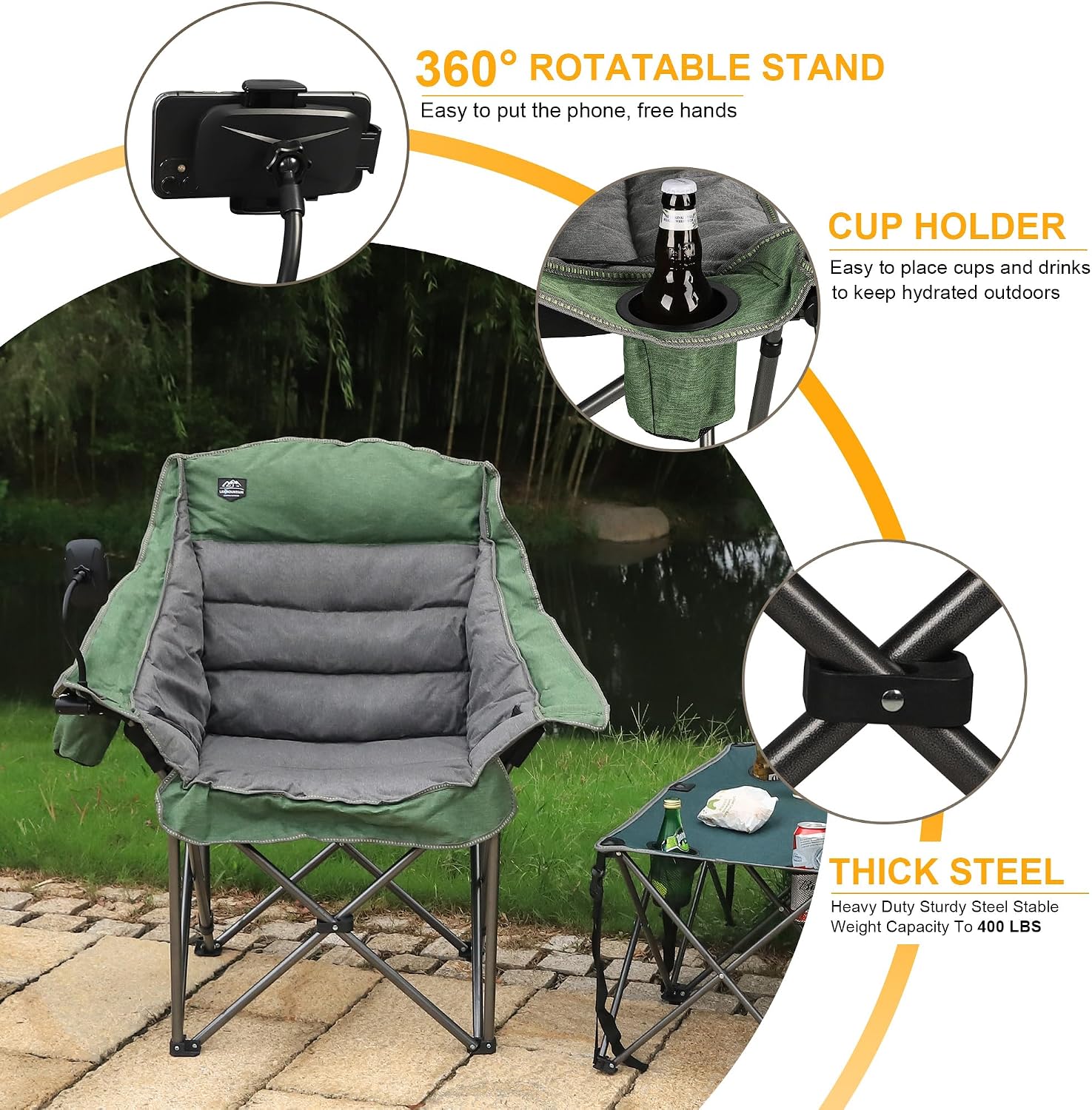 Oversized XL Folding Camping Chair,Heavy Duty Support 400Lbs,Large Comfy Padded Camp Chair for Adults,Lawn Arm Chair w/Cup Holder,Phone Holder,Carry Bag Perfect for Outdoor (Brown