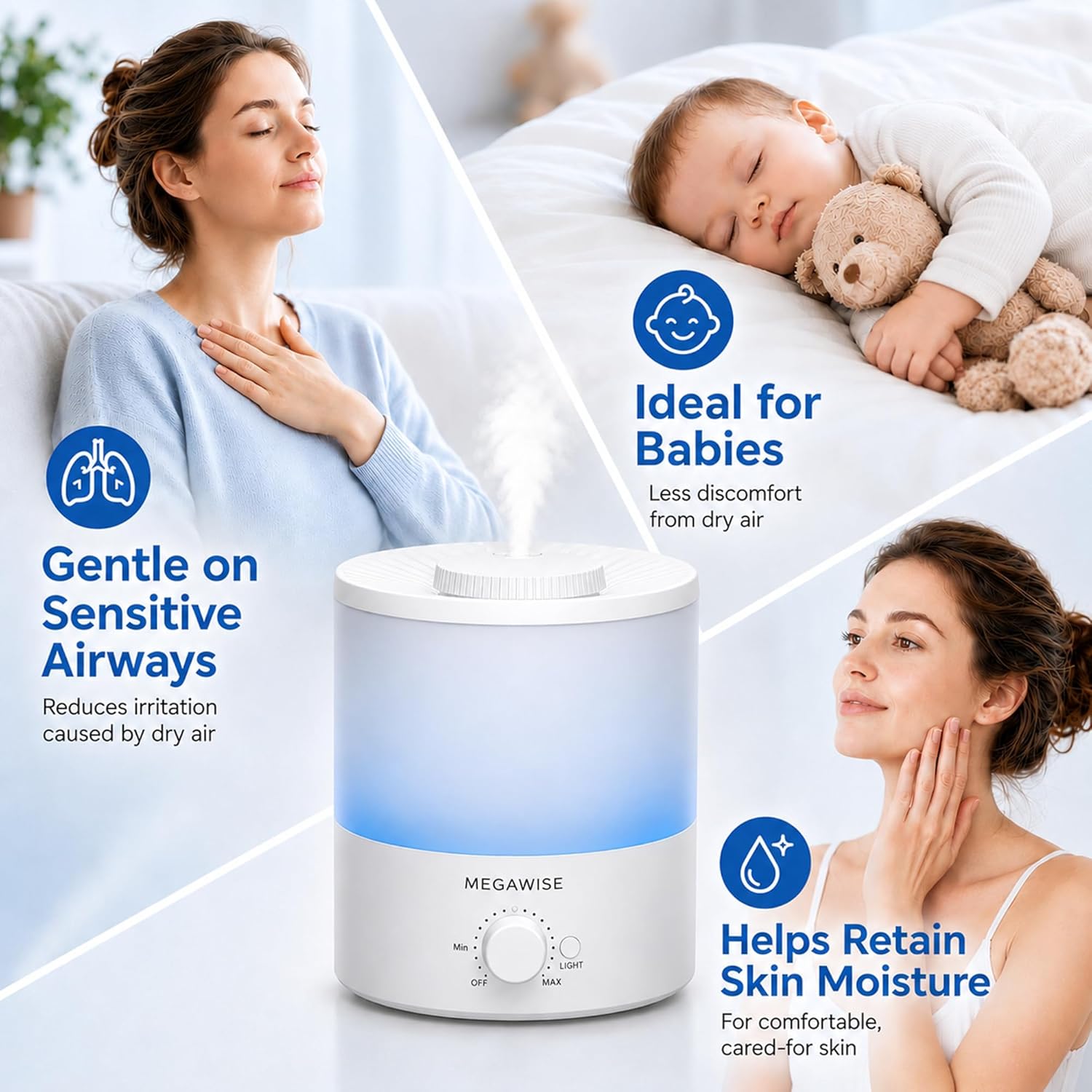 MEGAWISE 1.5L Cool Mist Humidifier for Bedroom, 25dB Quiet