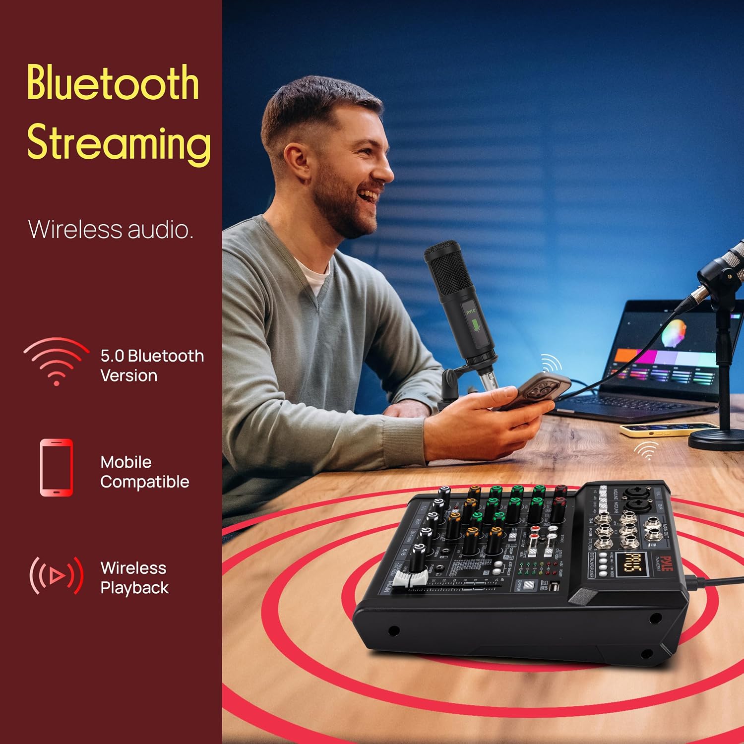 Pyle Professional Wireless DJ Audio Mixer - 4 Channel Bluetooth Controller Sound Mixer, USB Audio Interface