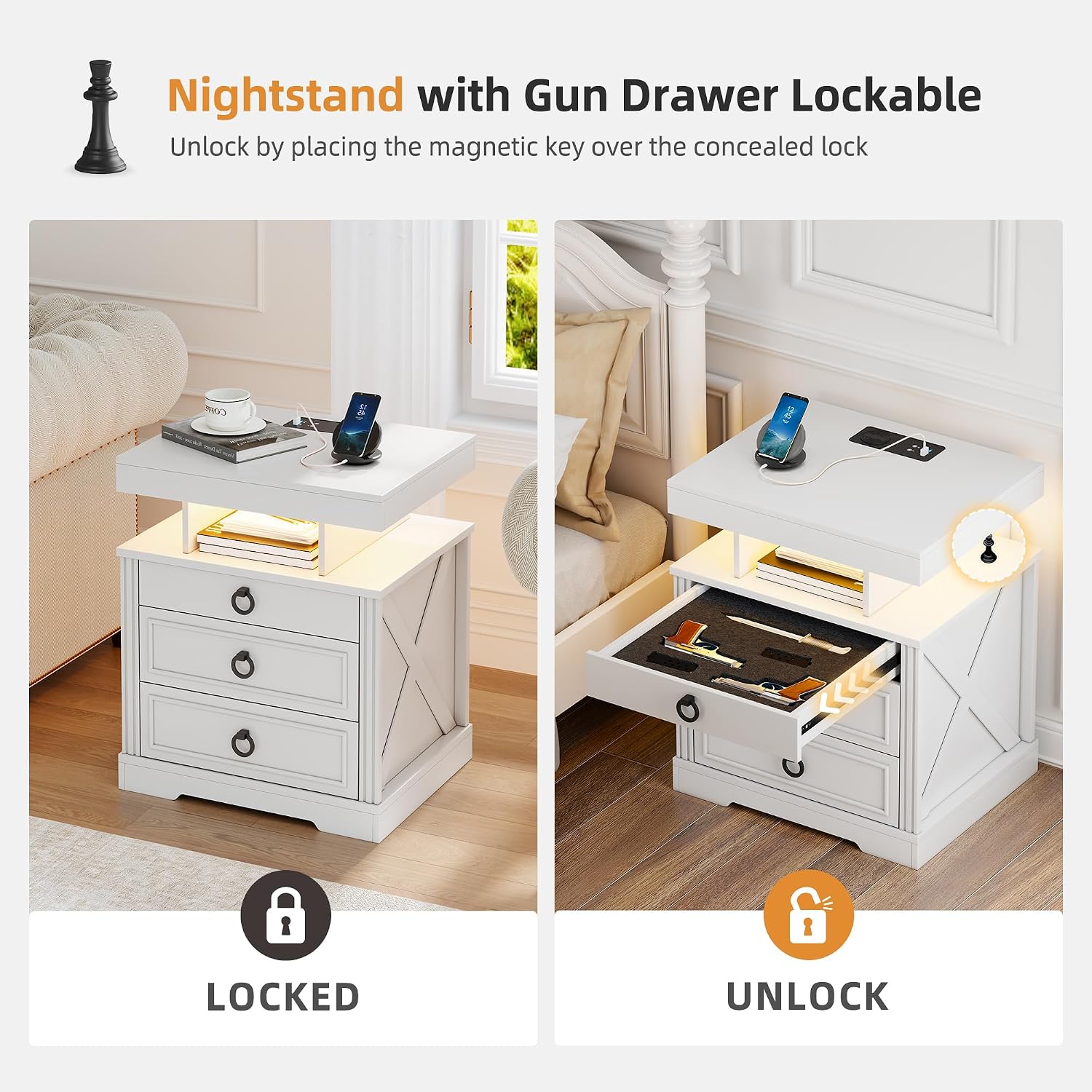 Lockable Night Stand with Gun Drawer,Charging Station,LED Lights,White | LED Nightstand with Charging Station,Farmhouse Bedside Table with 3-Color Light,End Table with 3 Drawers,Bedroom