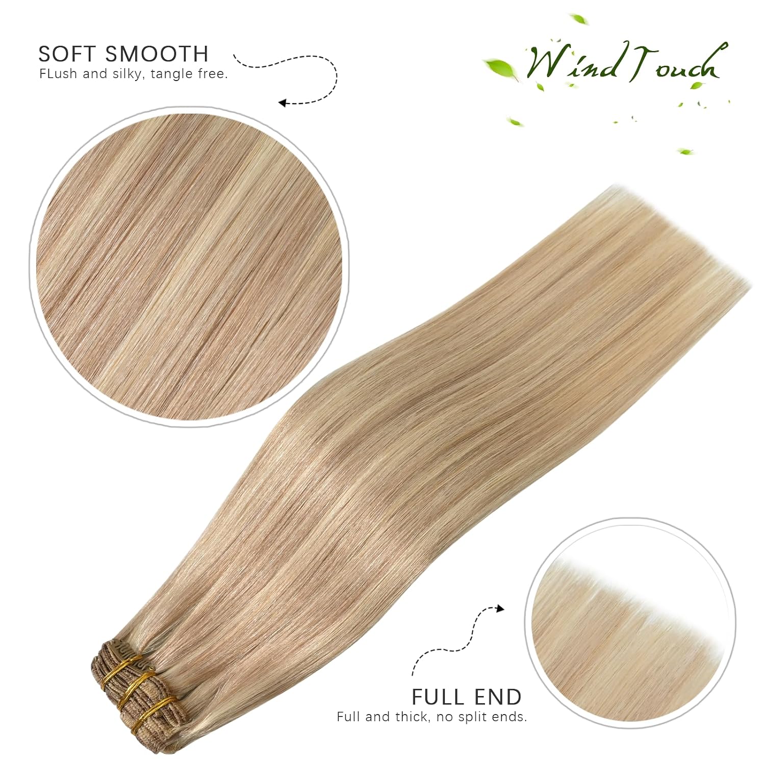 WindTouch Clip In Hair Extensions Human Hair Mixed Bleach Blonde 18Inch 75g Hair Extensions for Women Remy Blonde Extensions Clip in #18p613 7PCS