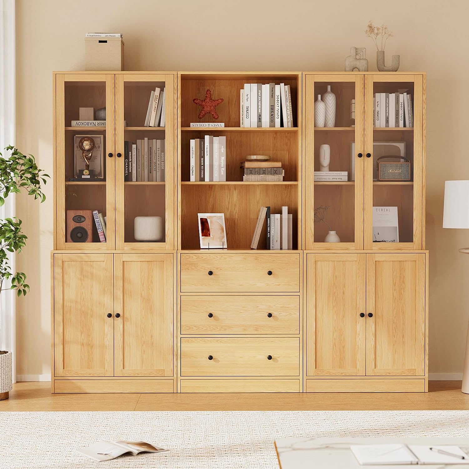 TUSY 71" H Bookcase with Storage | 6-Tier Modern Bookshelf with Drawers, Display Bookcase with Glass Doors, White Curio Cabinet for Home Office, Living Room