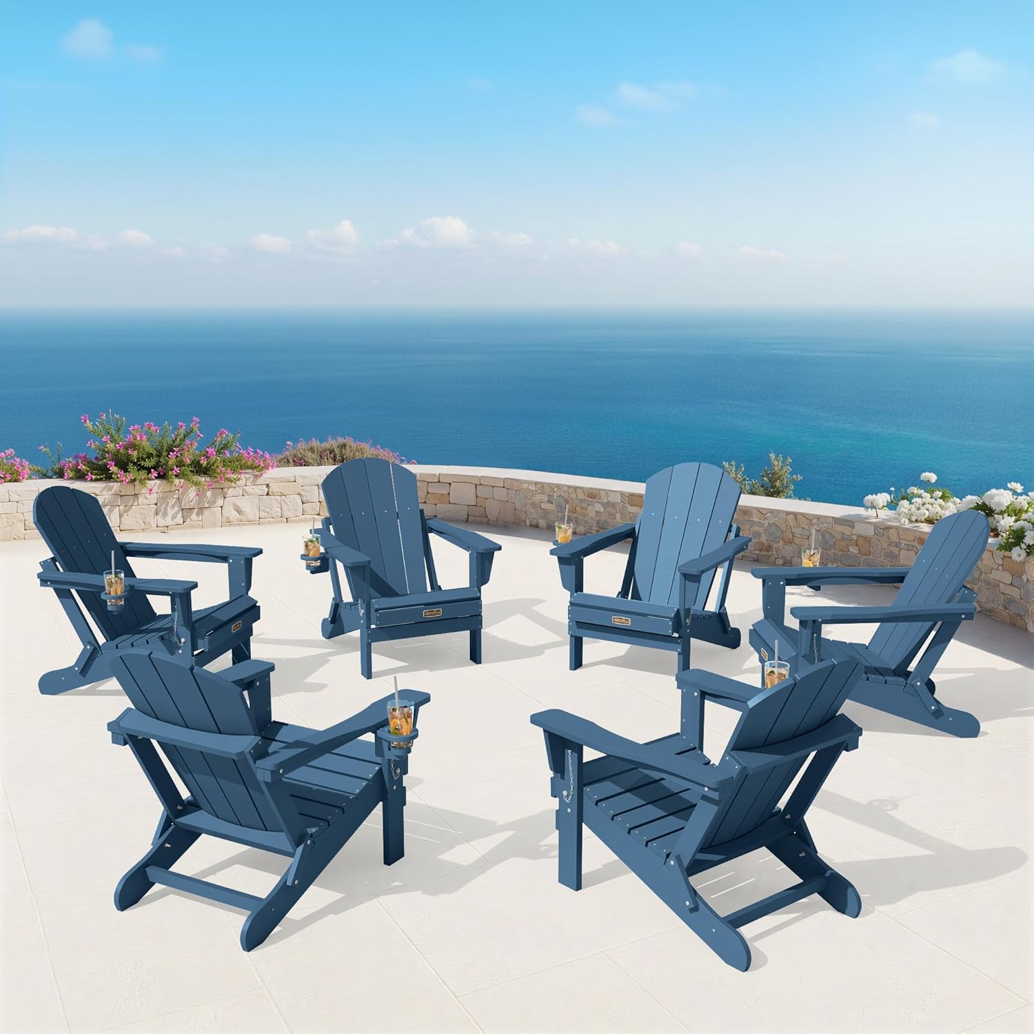SERWALL Folding Adirondack Chairs with Cup Holder, Outdoor Fire Pit - Blue