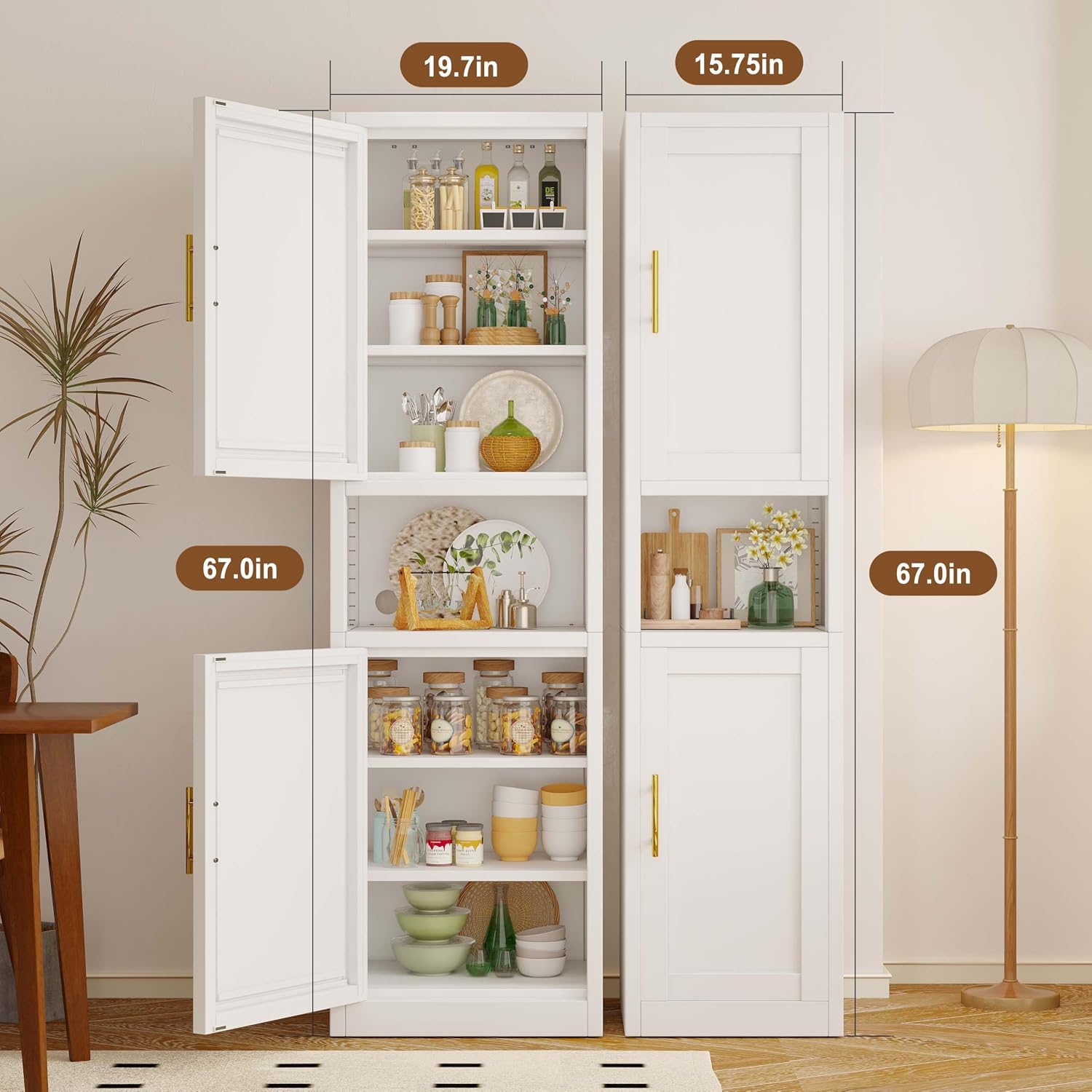pozdeg 67" Tall Narrow White Metal Storage Cabinet | 2 Doors, 4 Adjustable Shelves, Freestanding Slim Pantry Organizer for Bathroom Kitchen Living Room