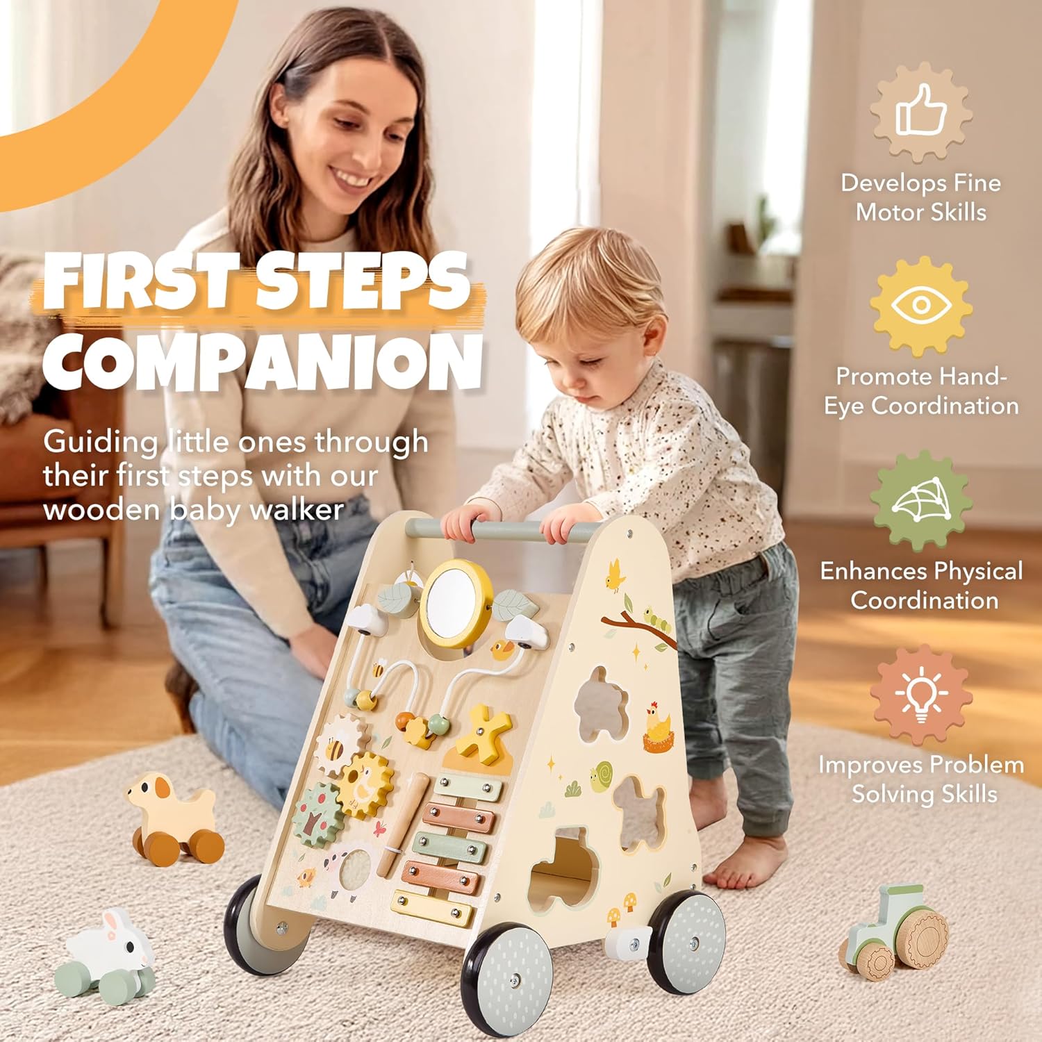 Pithfor Wooden Baby Push Walker, Baby Walker with Activity Center for Girls Boys