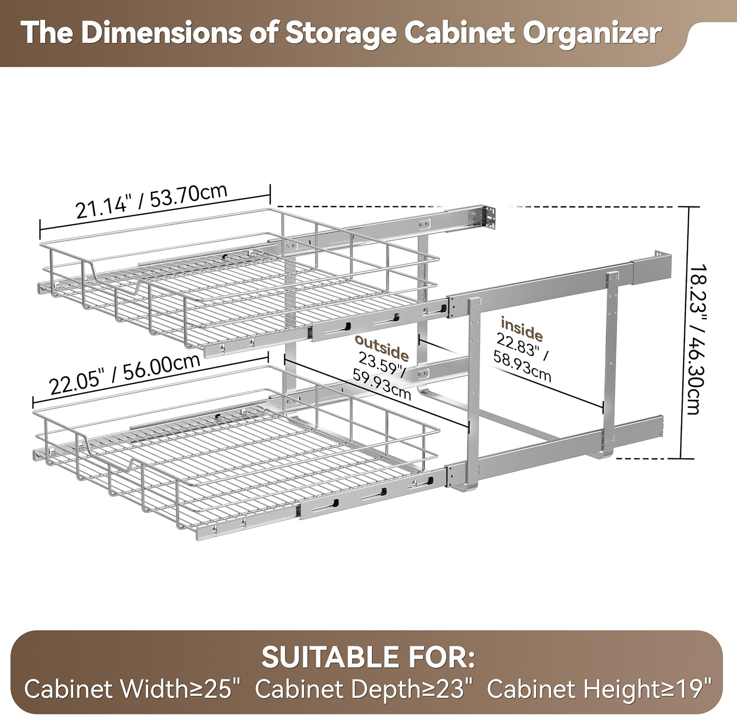 2 Tier Pull Out Cabinet Organizer 11" W X 22" D, Chromed, Full Slide Out