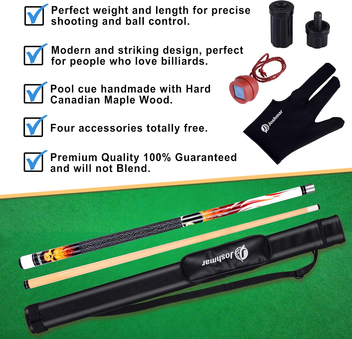 Joshmar Pool Cue Stick 58" – 2-Piece Canadian Maple Billiard Cue 19oz, 13mm Tip, Includes Hard Case, Glove & Chalk – Complete Set for Beginners