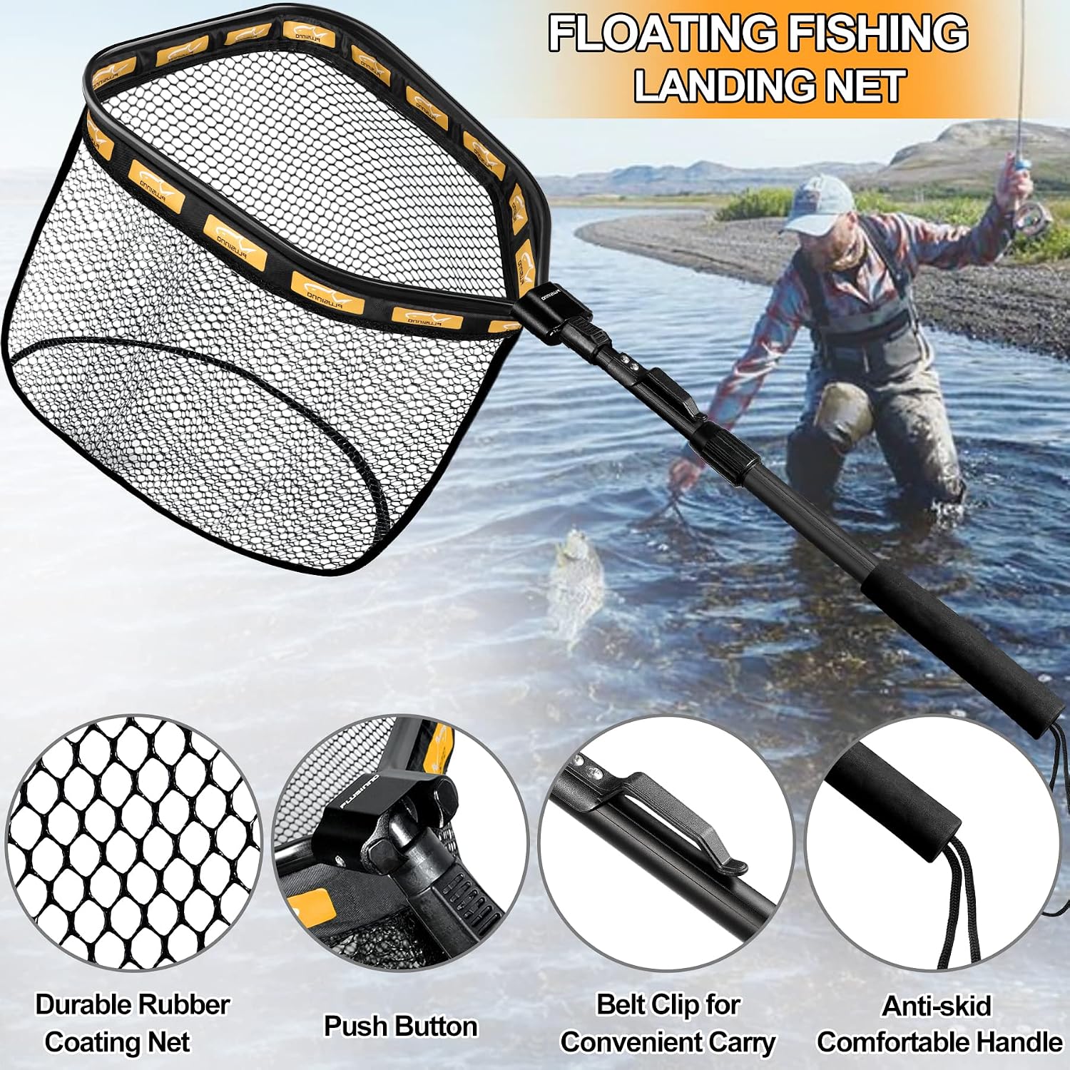 PLUSINNO Floating Fishing Net for Steelhead, Salmon, Fly, Kayak, Catfish, Bass, Trout Fishing