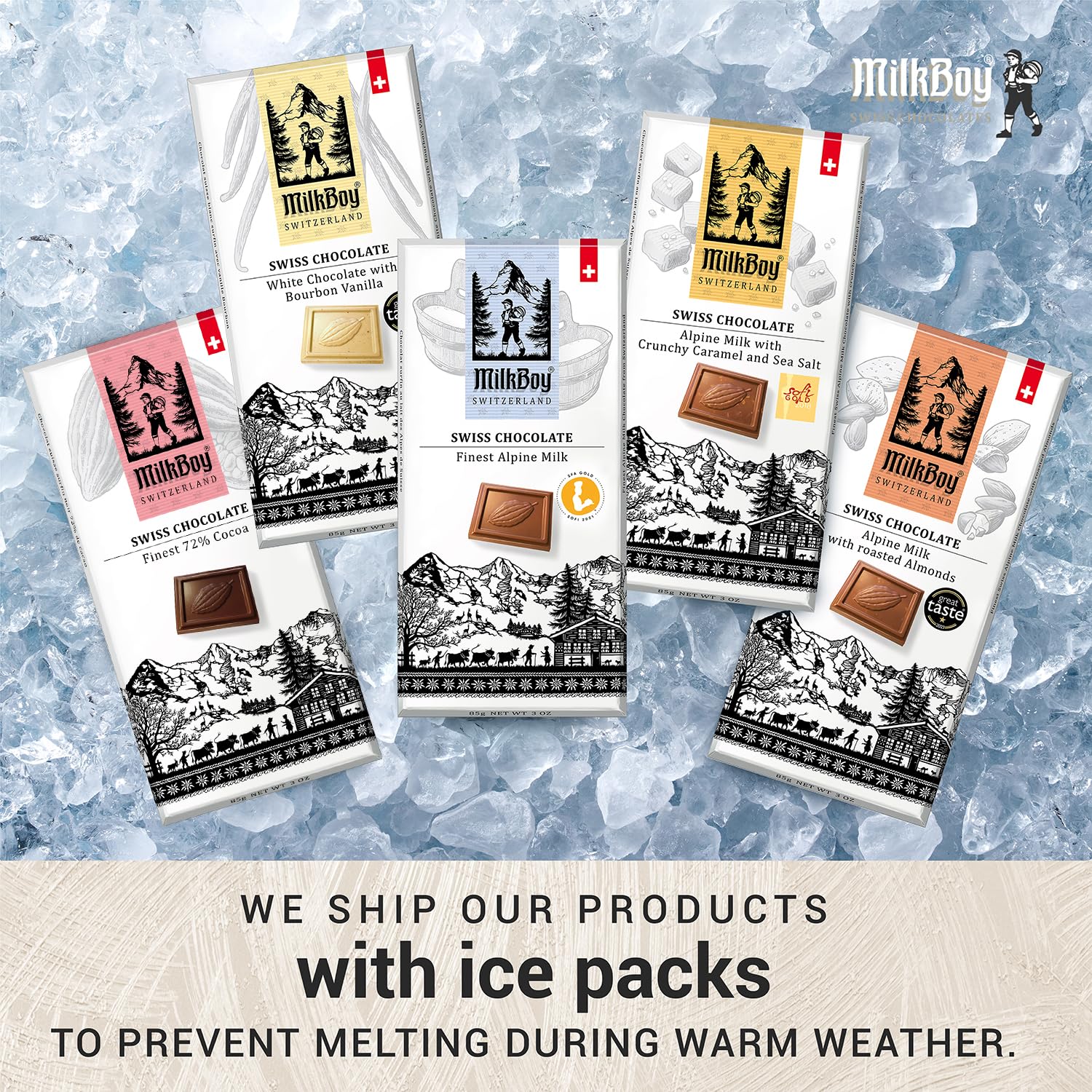 MilkBoy Swiss Chocolates Chocolate Bar Variety Flavors - 3 oz, 5 Pack | Includes milk, dark, white bourbon vanilla, caramel sea salt & almond flavors. Rainforest Alliance certified cocoa. Kosher.