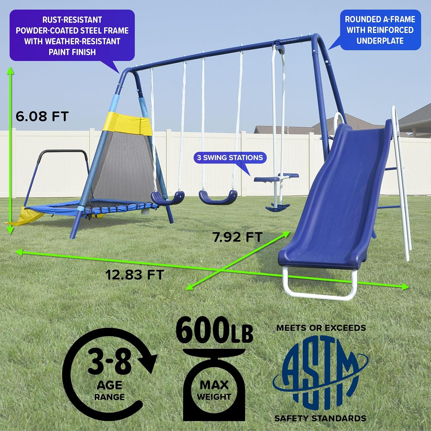 Sportspower Almansor Metal Swing, Slide and Trampoline Set with Slide