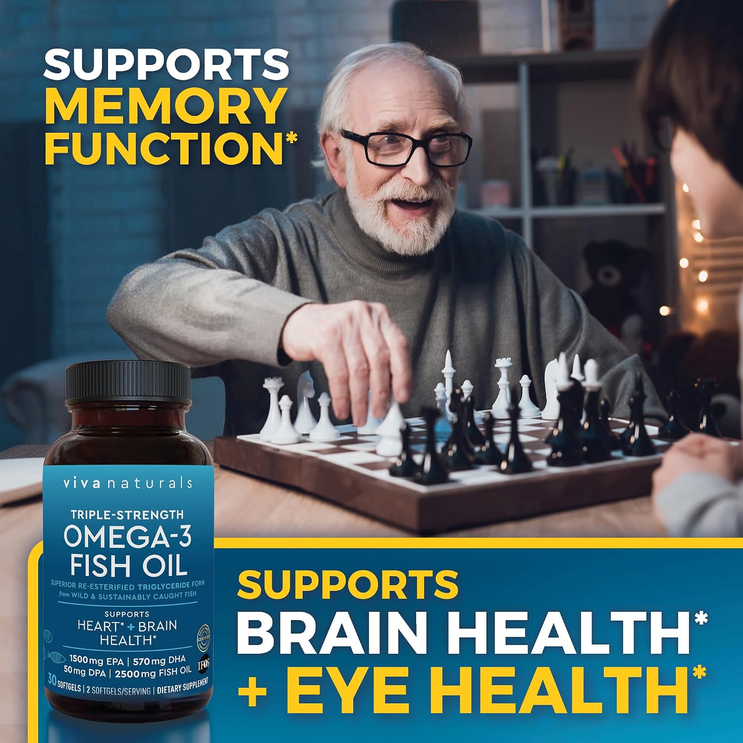 Viva Naturals Triple Strength Omega 3 Fish Oil Pills – 2500 mg High-Potency Formula with 2250 mg Omega 3 Fatty Acids (Including EPA, DHA, DPA) in rTG Form for Absorption – IFOS Certified, 90 Softgels