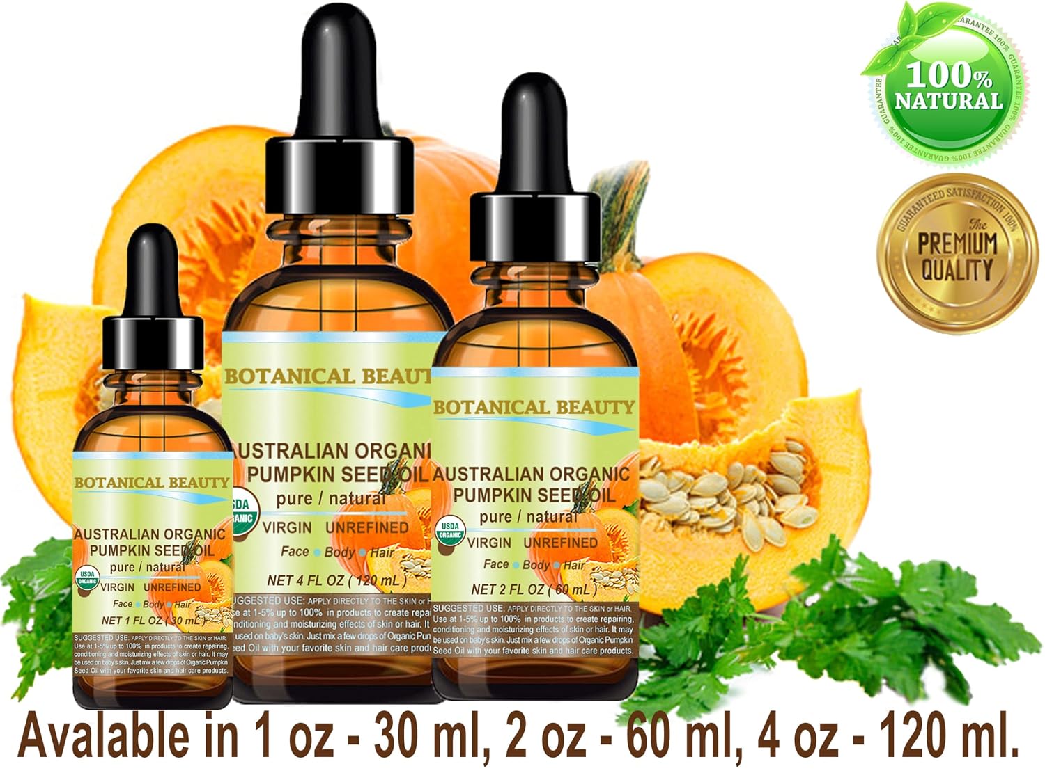Botanical Beauty Australian ORGANIC PUMPKIN SEED OIL 100% Pure Natural Virgin Unrefined Cold Pressed Carrier Oil. 1 Fl.oz.- 30 ml. for Face, Skin, Hair, Lip, Nails