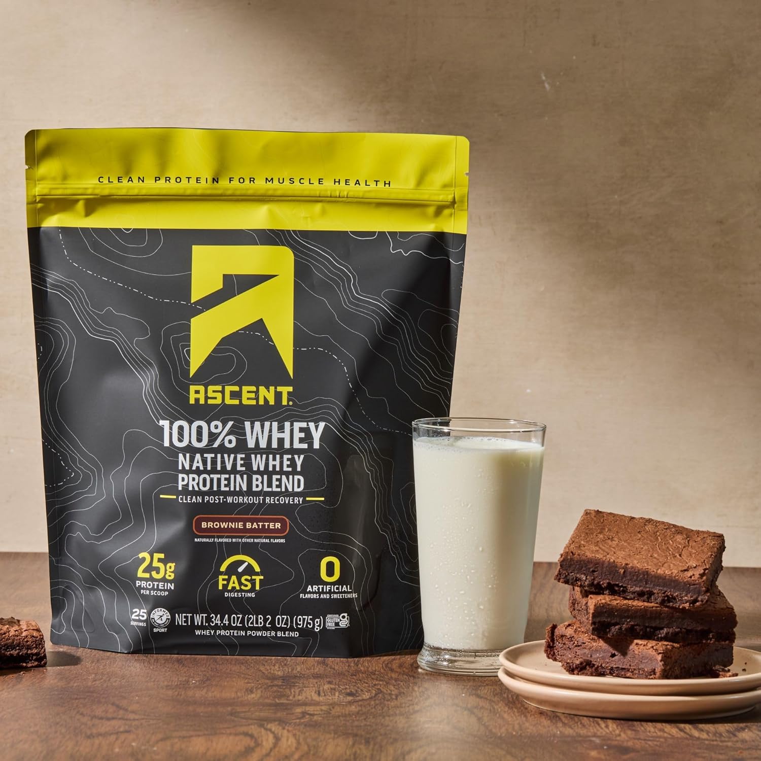 Ascent 100% Whey Protein Powder - Post Workout Whey Protein Isolate, Zero Artificial Flavors & Sweeteners, Gluten Free, 5.5g BCAA, 2.6g Leucine, Unflavored 2 lb