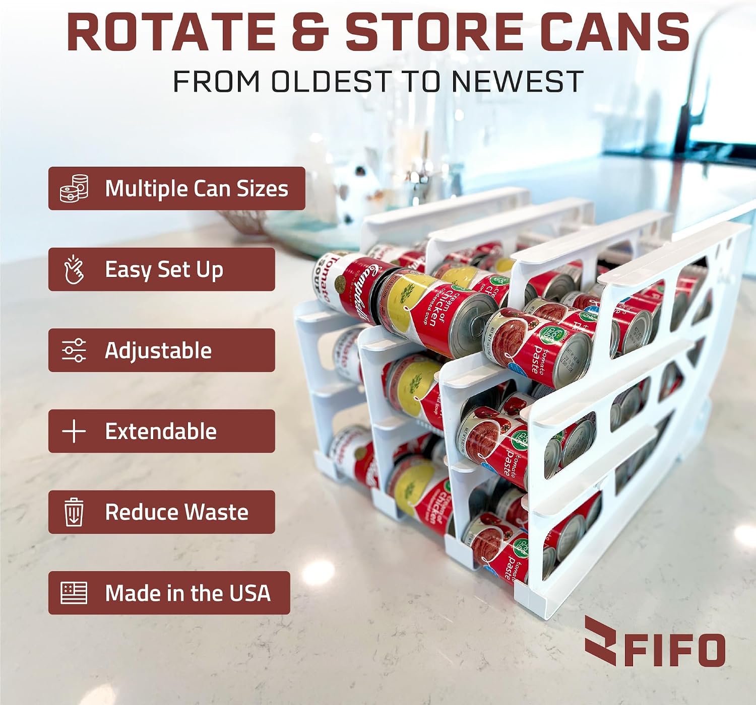 FIFO Countertop Mini Can Tracker Holds 30 Standard 10-24 Oz Can Sizes, White| Stackable & Adjustable Can Organizer for Pantry, USA Made, White