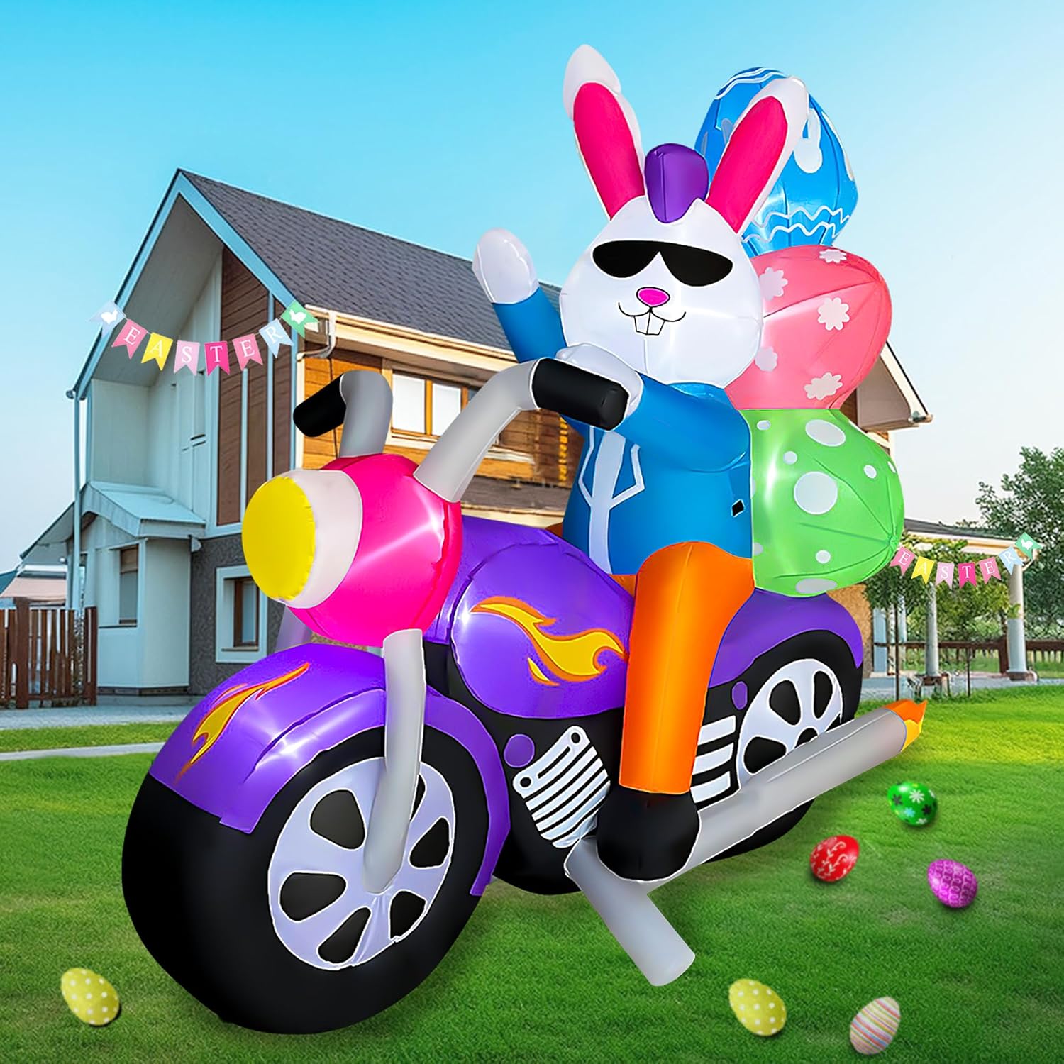 SEASONBLOW 6 FT Easter Inflatable Bunny on Motorcycle with Eggs Decorations Light Blow Up Rabbit for Yard Lawn Garden Home Outdoor Indoor Holiday