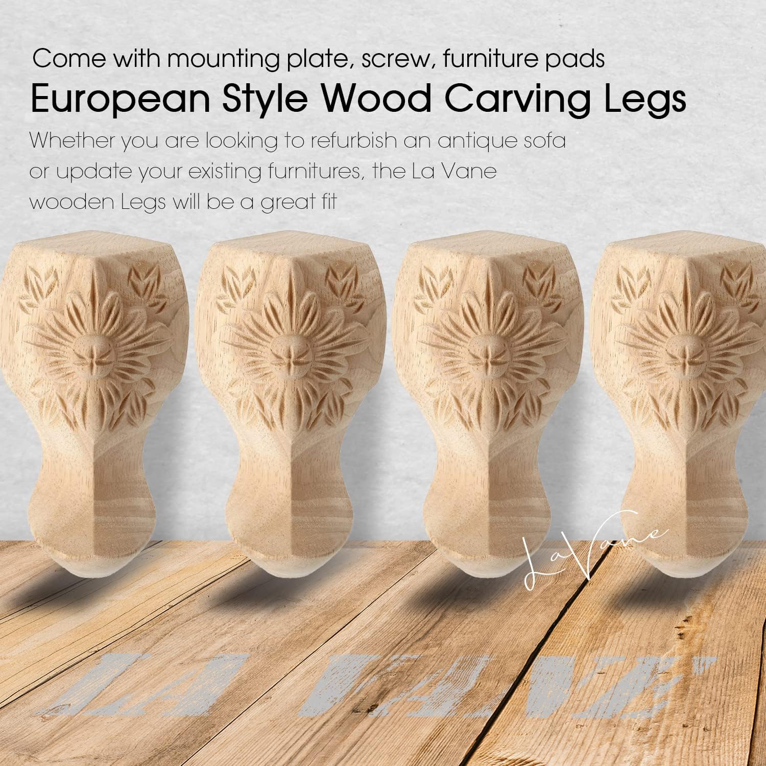 La Vane 6 inch / 15cm Wooden Furniture Legs, Set of 4 European Style Solid Wood Carving Furniture Replacement Feet Decoration for Sofa Cabinet Wardrobe Table Loveseat