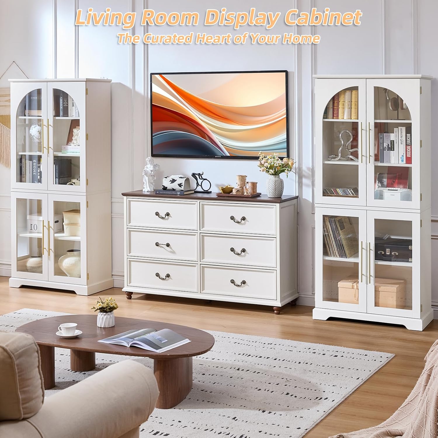 Joaxswe 72" Tall Bookshelf with 4 Curved Glass Doors, Farmhouse Bookcase with 3-Tier Adjustable Shelves, Modern Living Room Display Cabinet, Large Storage Cabinet for Home Office,Dining Room, Natural
