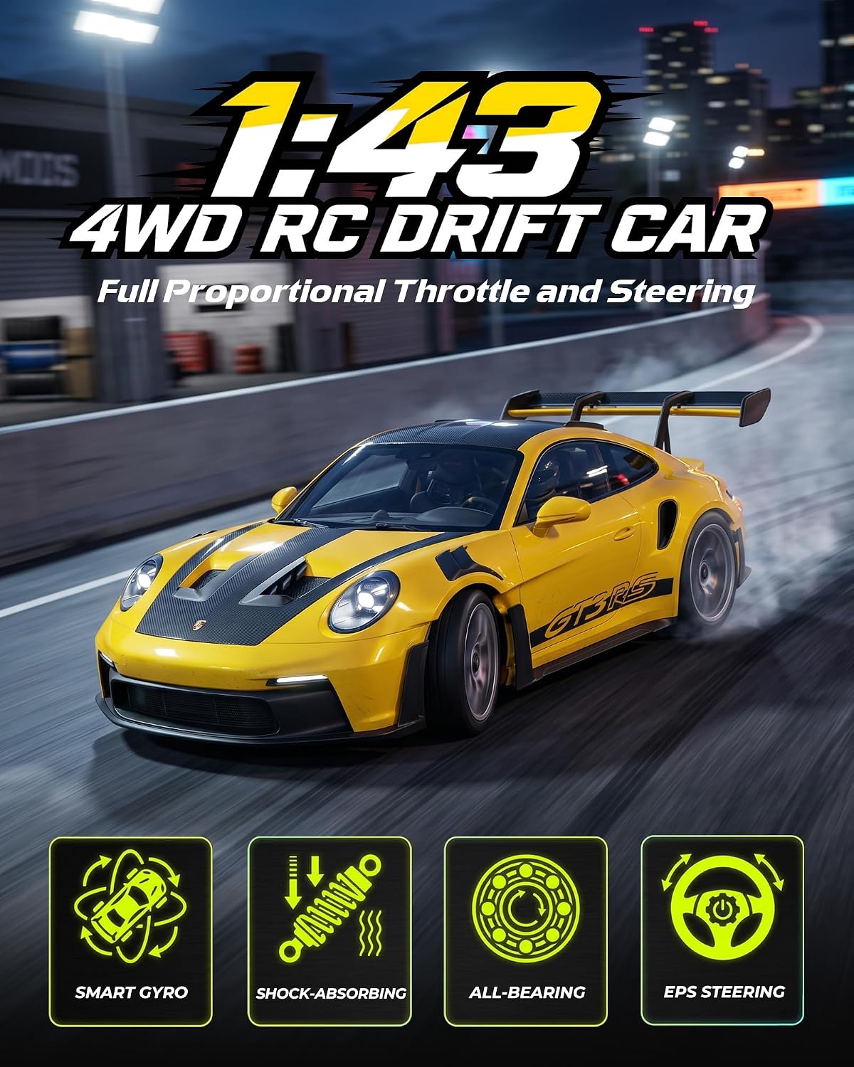 ARRIS 1/43 911 RC Drift Car 4WD with Gyro Full Proportional RTR | Alloy Body, 20KM/H Speed, Extra Drift Tires, Silent Bearings, LED Lighting