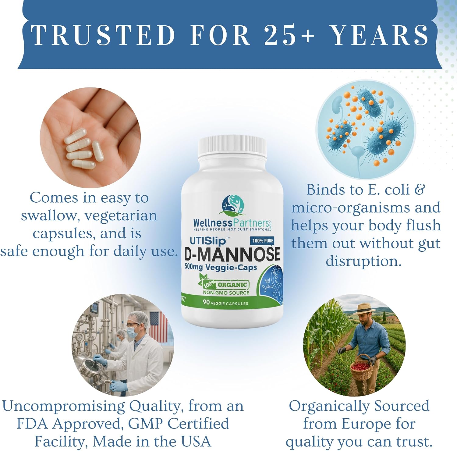 UTI Slip D-Mannose Non GMO Organic Source Veggie Capsules 90 Count (500 Mg)